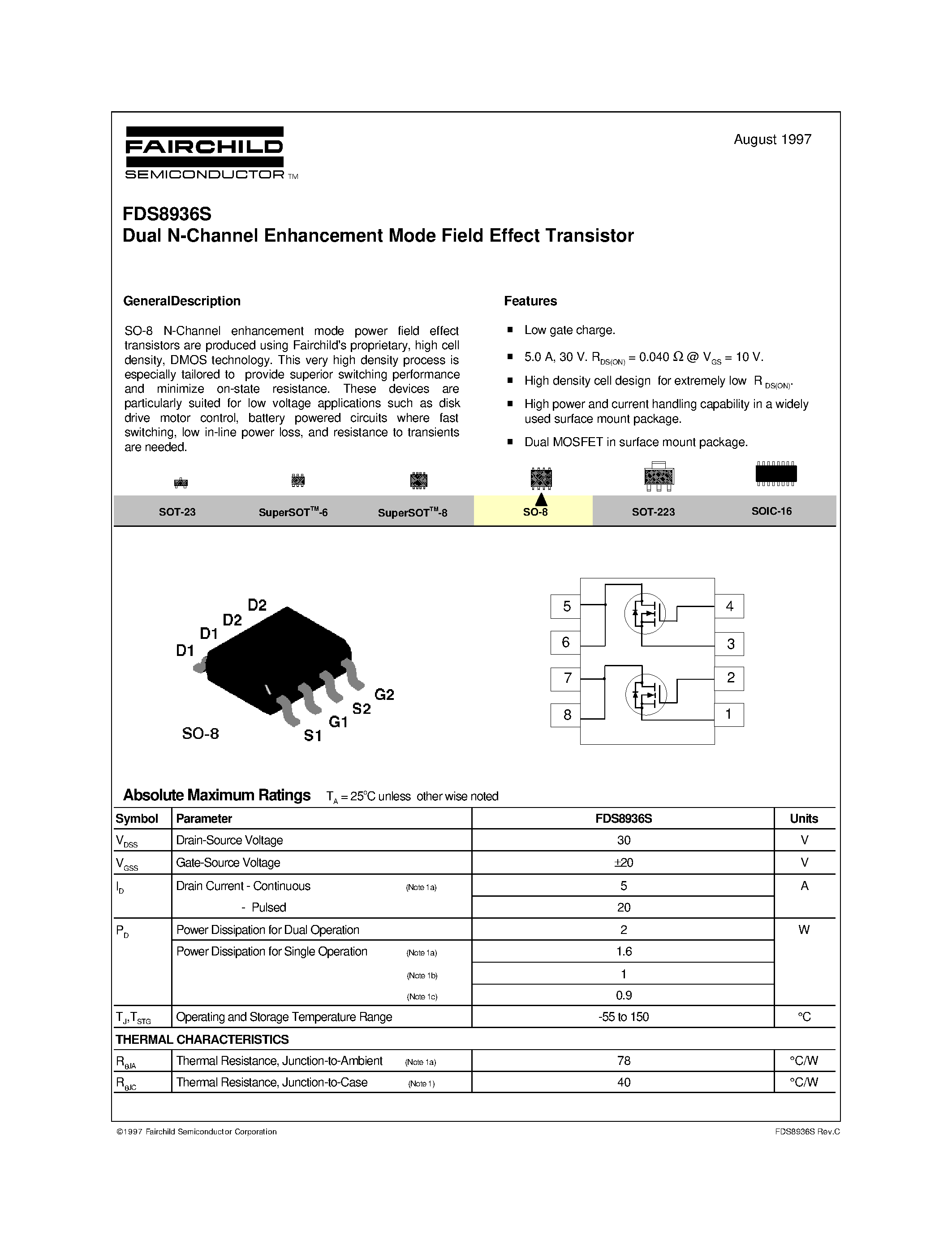 Даташит FDS8936S - Dual N-Channel Enhancement Mode Field Effect Transistor страница 1