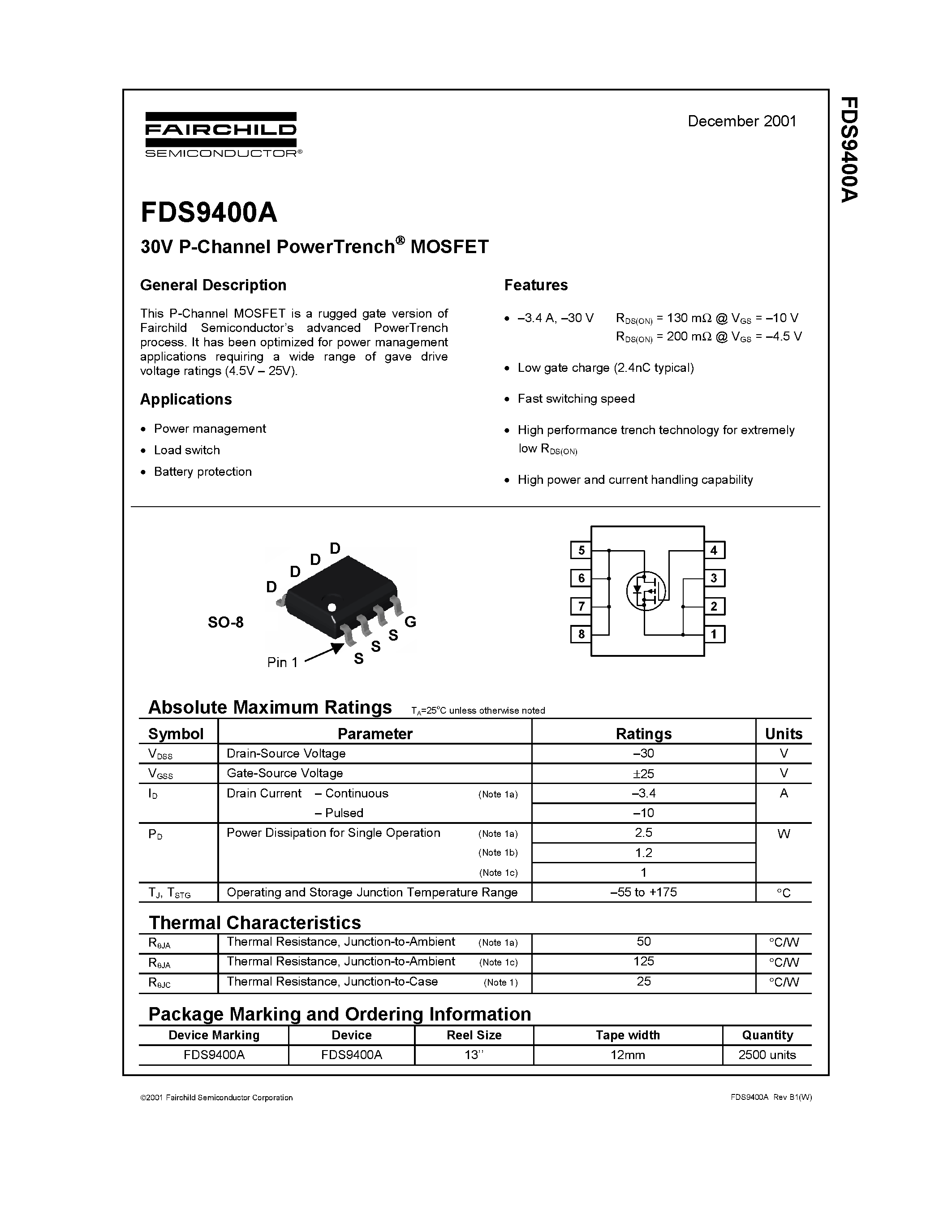 Datasheet FDS9400 page 1 Datasheet FDS9400 - 30V P-Channel PowerTrench MOSFET page 1