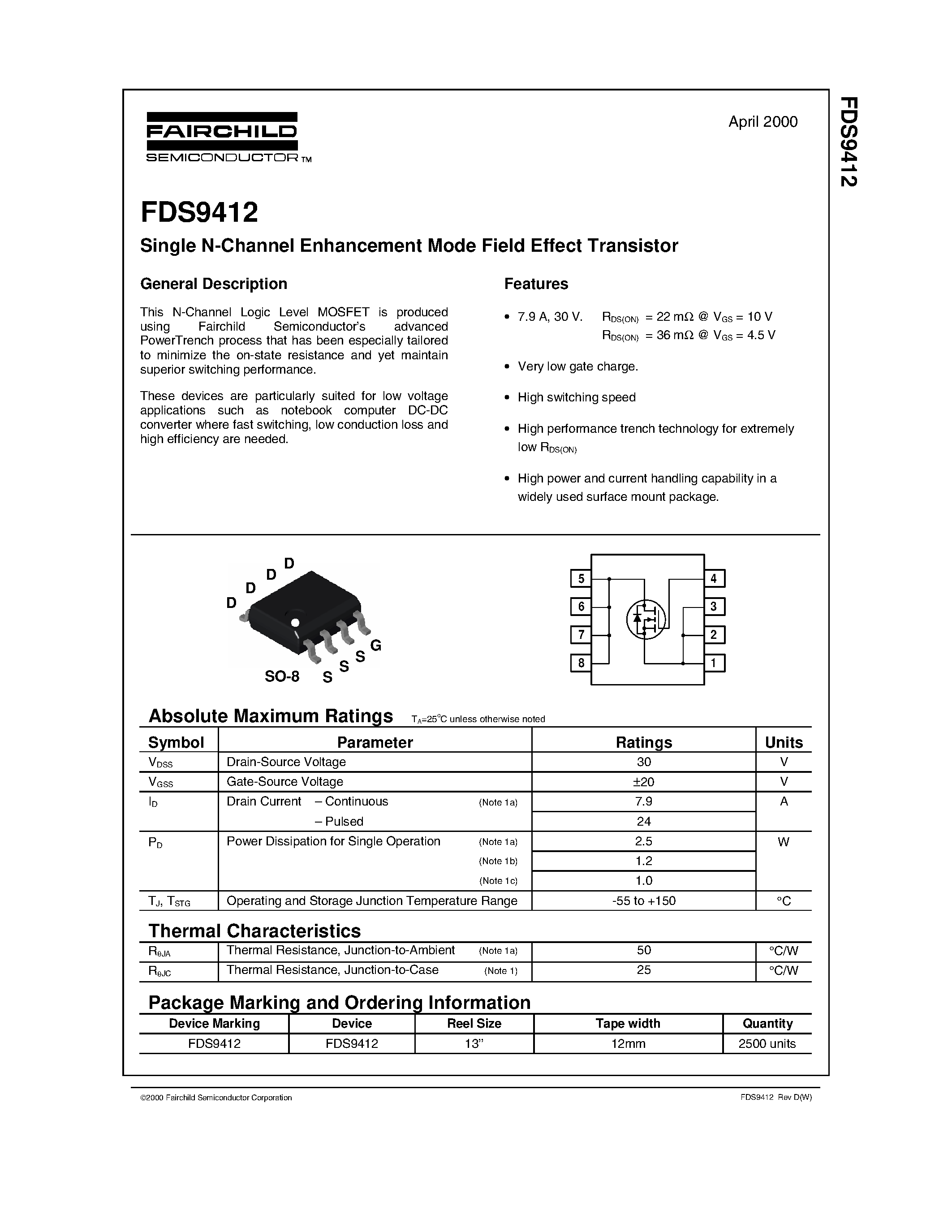 Datasheet FDS9412 page 1 Datasheet FDS9412 - Single N-Channel Enhancement Mode Field Effect Transistor page 1