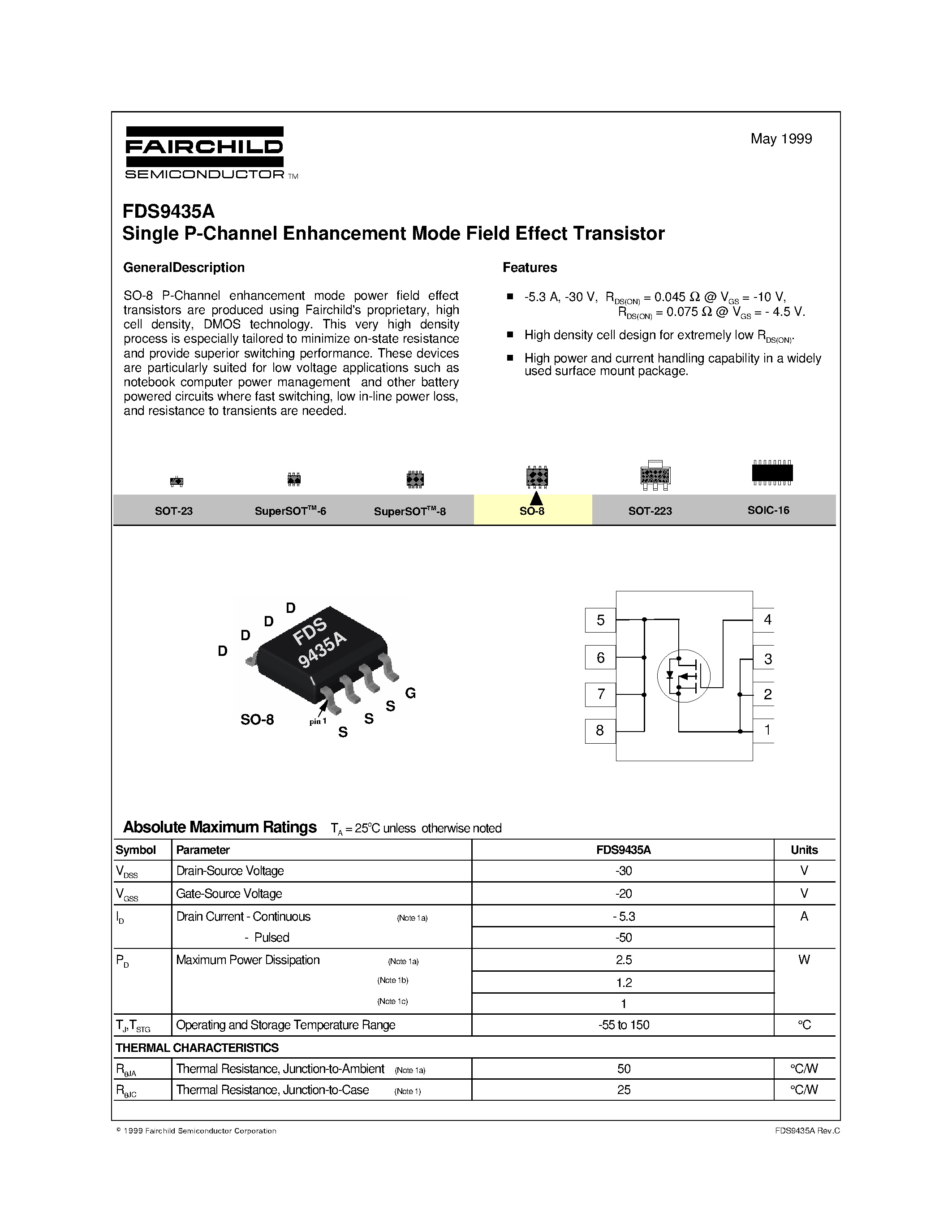 Даташит на микросхему FDS9435A страница 1 Даташит FDS9435A - Single P-Channel Enhancement Mode Field Effect Transistor страница 1