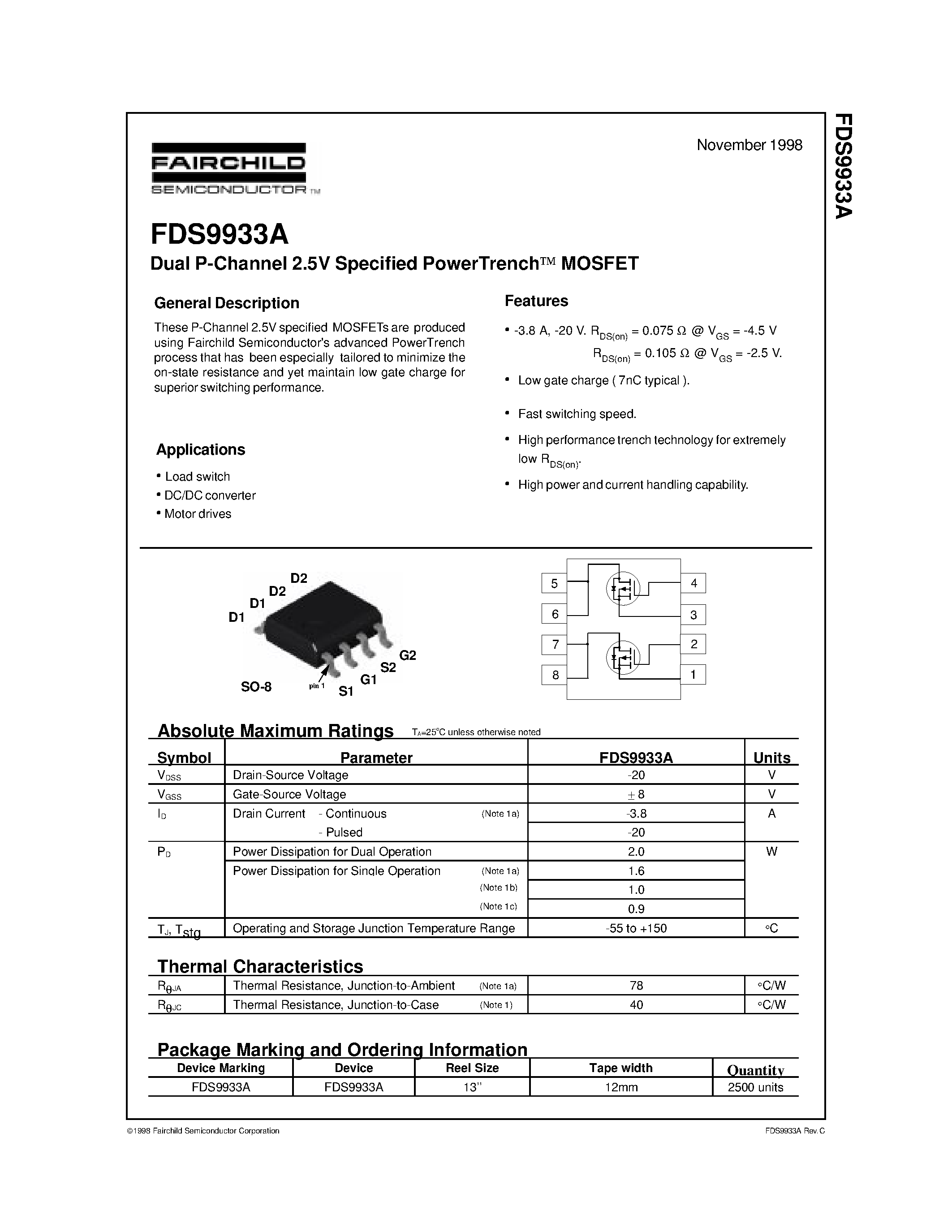 Datasheet FDS9933A page 1 Datasheet FDS9933A - Dual N-Channel 2.5V Specified PowerTrench MOSFET page 1