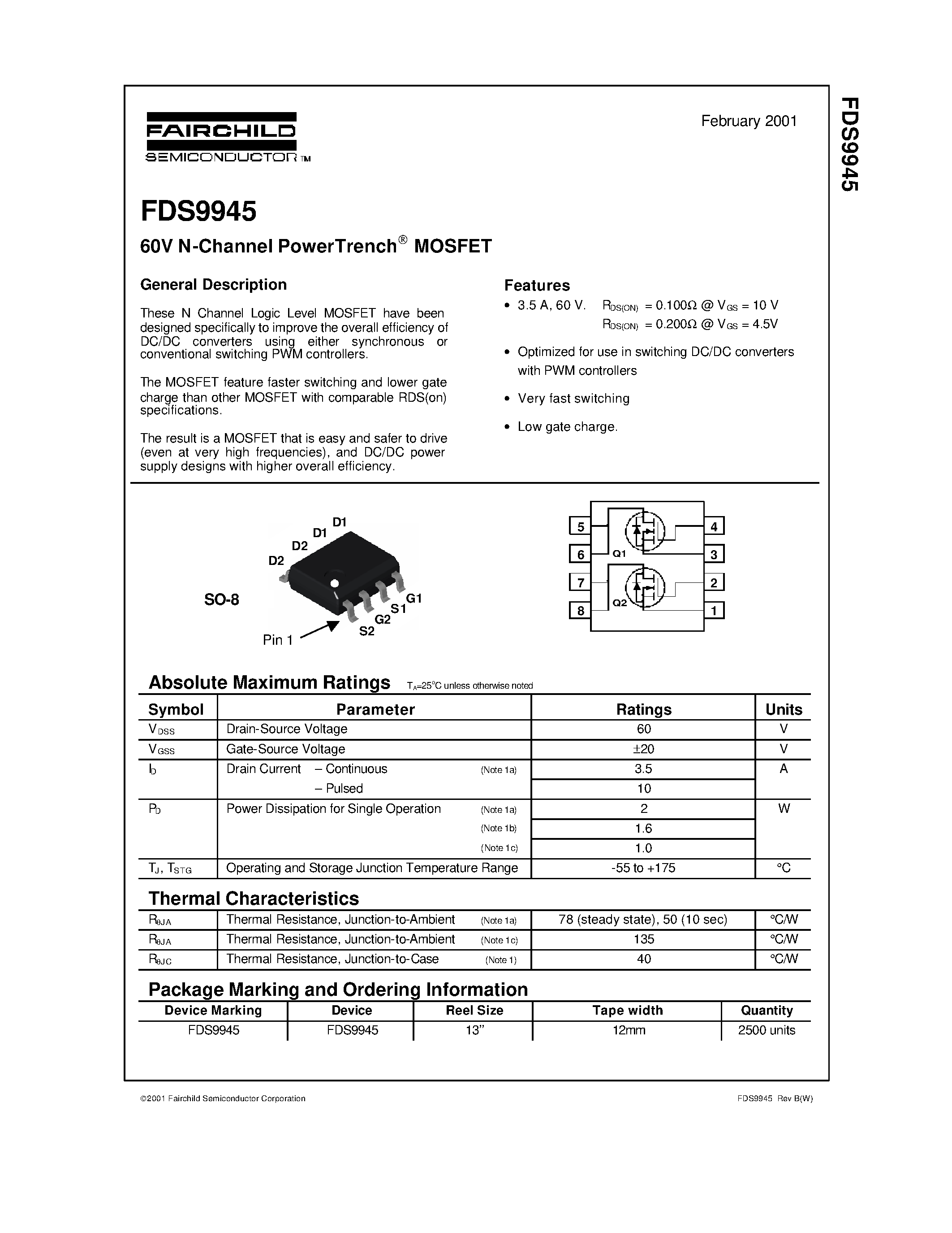 Datasheet FDS9945 page 1 Datasheet FDS9945 - 60V N-Channel PowerTrench MOSFET page 1