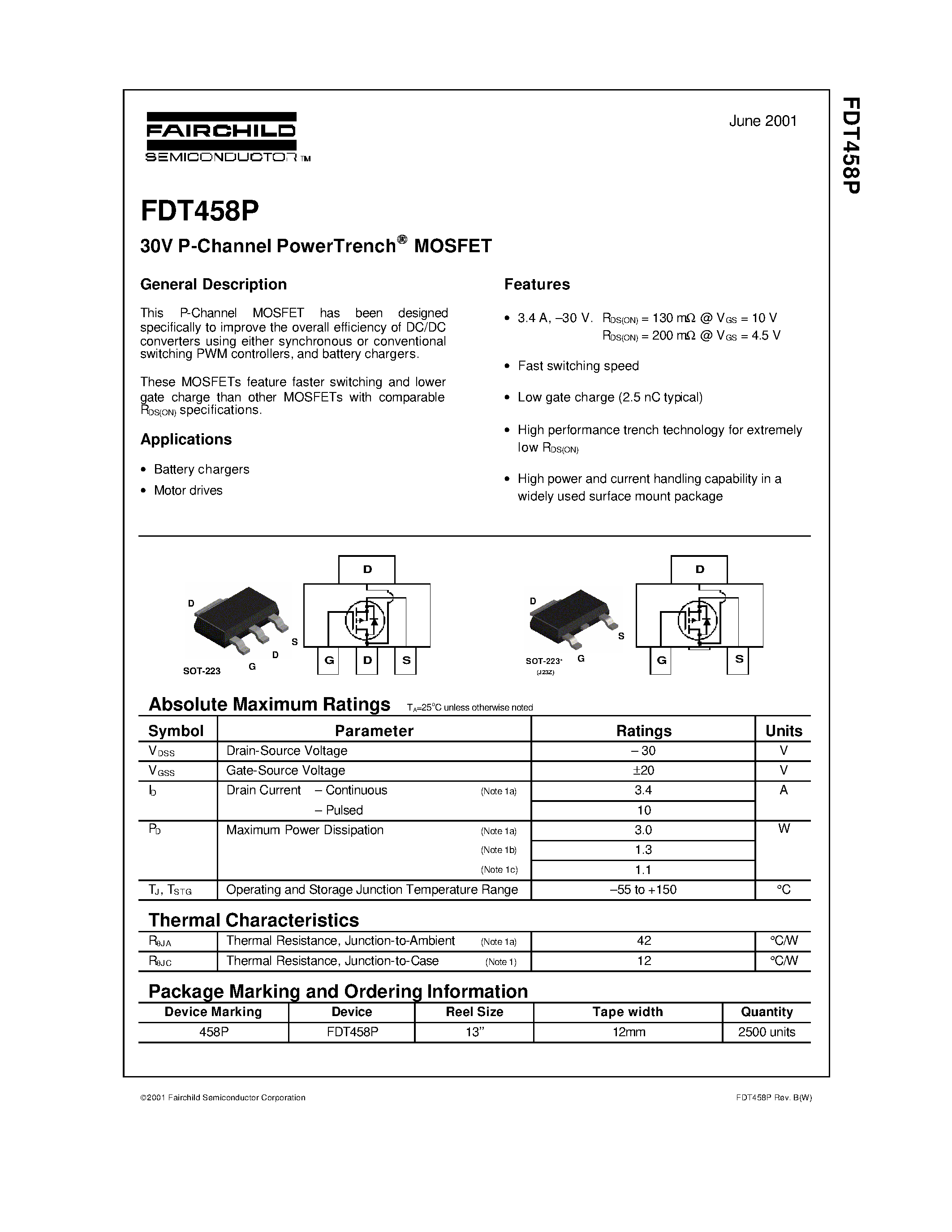 Даташит FDT458P-30V P-Channel PowerTrench MOSFET страница 1