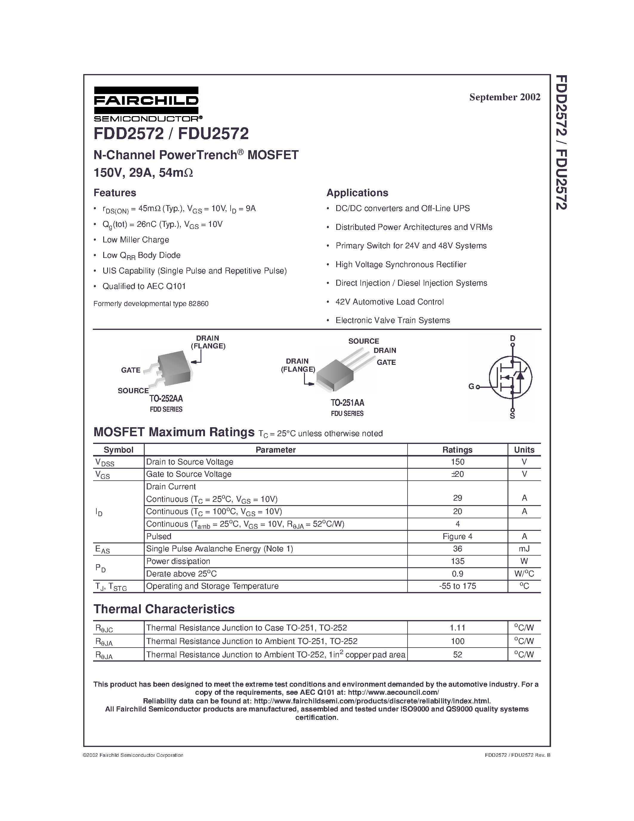 Datasheet FDU2572 - N-Channel PowerTrench MOSFET 150V/ 29A/ 54m page 1