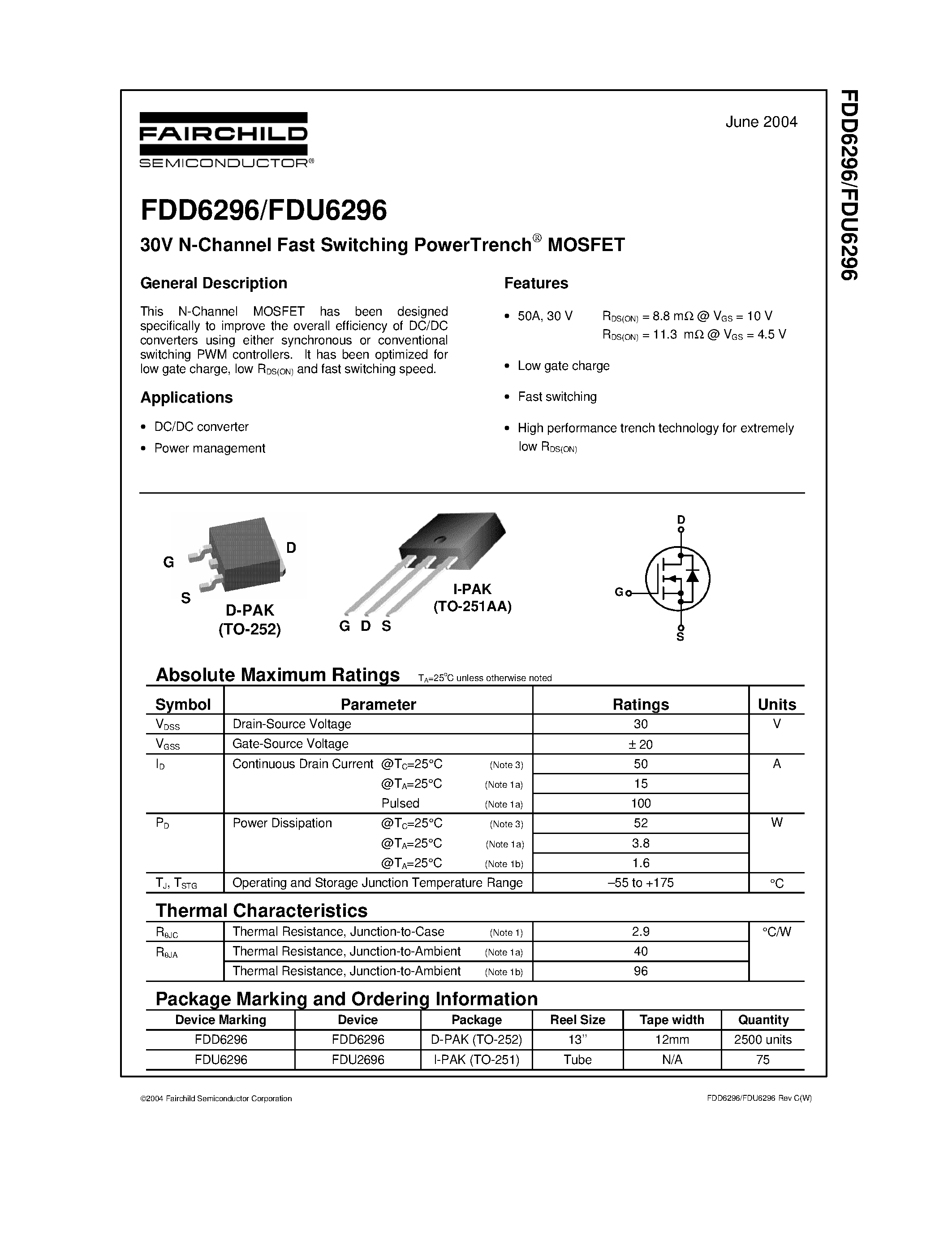 Datasheet FDU6296 - 30V N-Channel Fast Switching PowerTrench MOSFET page 1