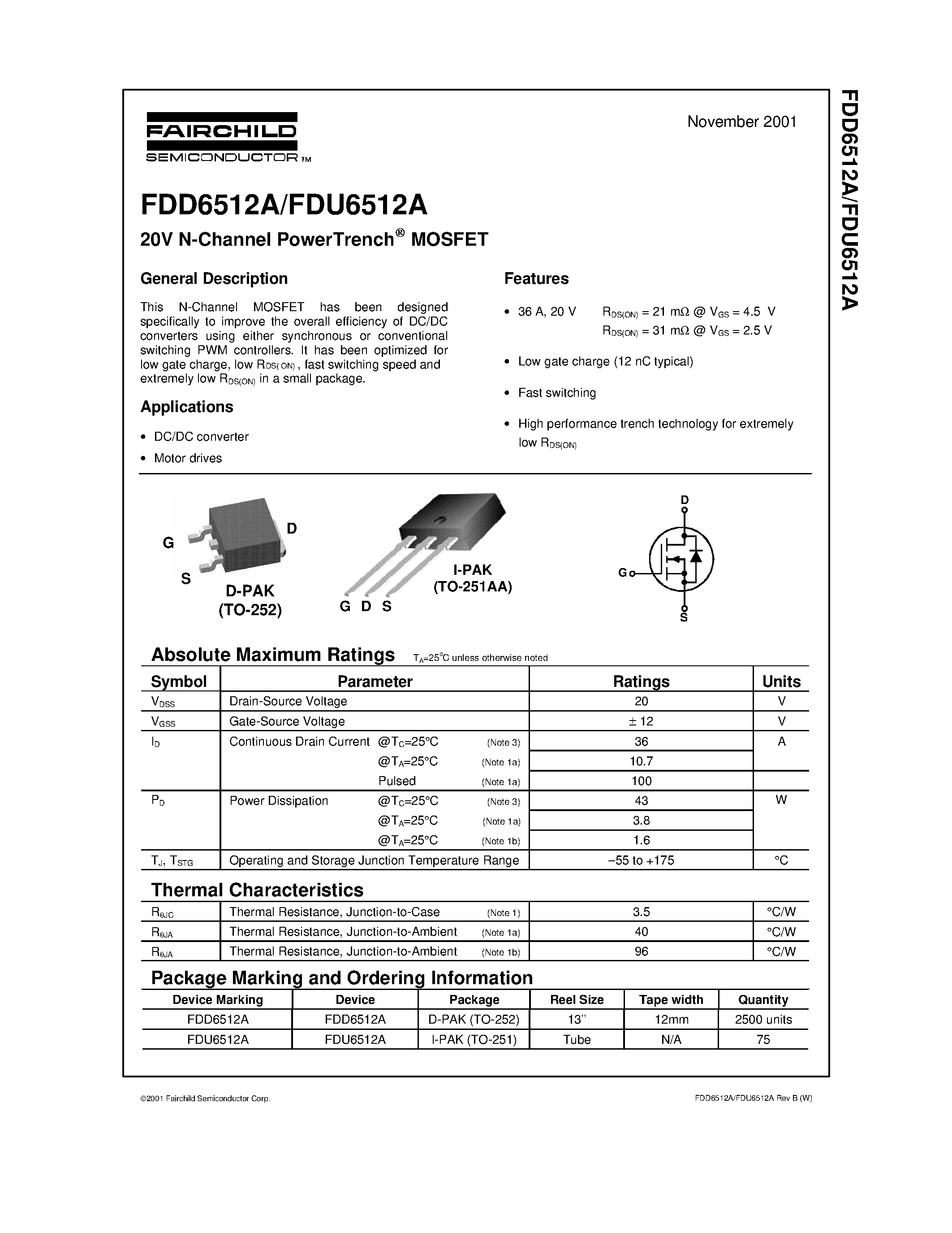 Datasheet FDU6512A - 20V N-Channel PowerTrench MOSFET page 1