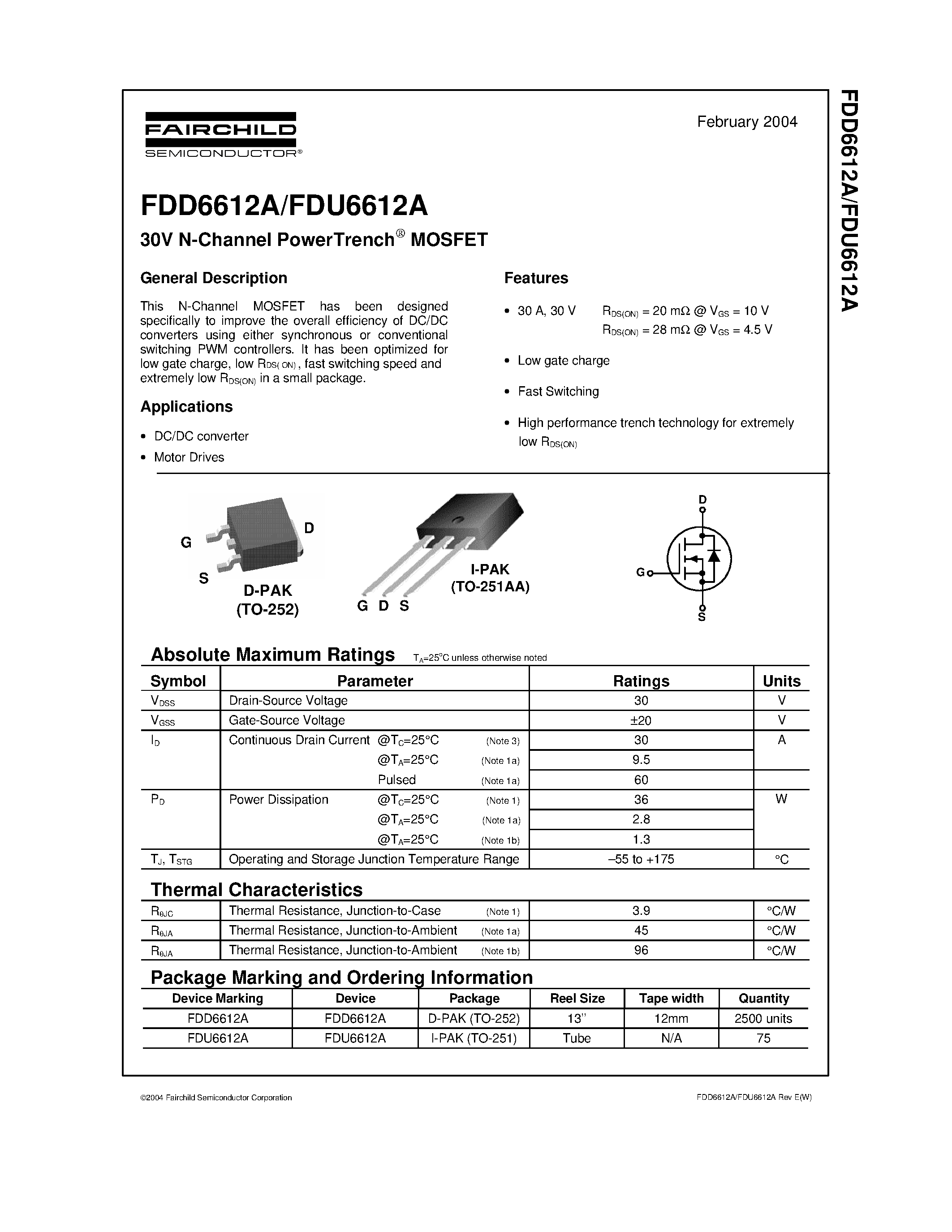 Datasheet FDU6612A - 30V N-Channel PowerTrench MOSFET page 1