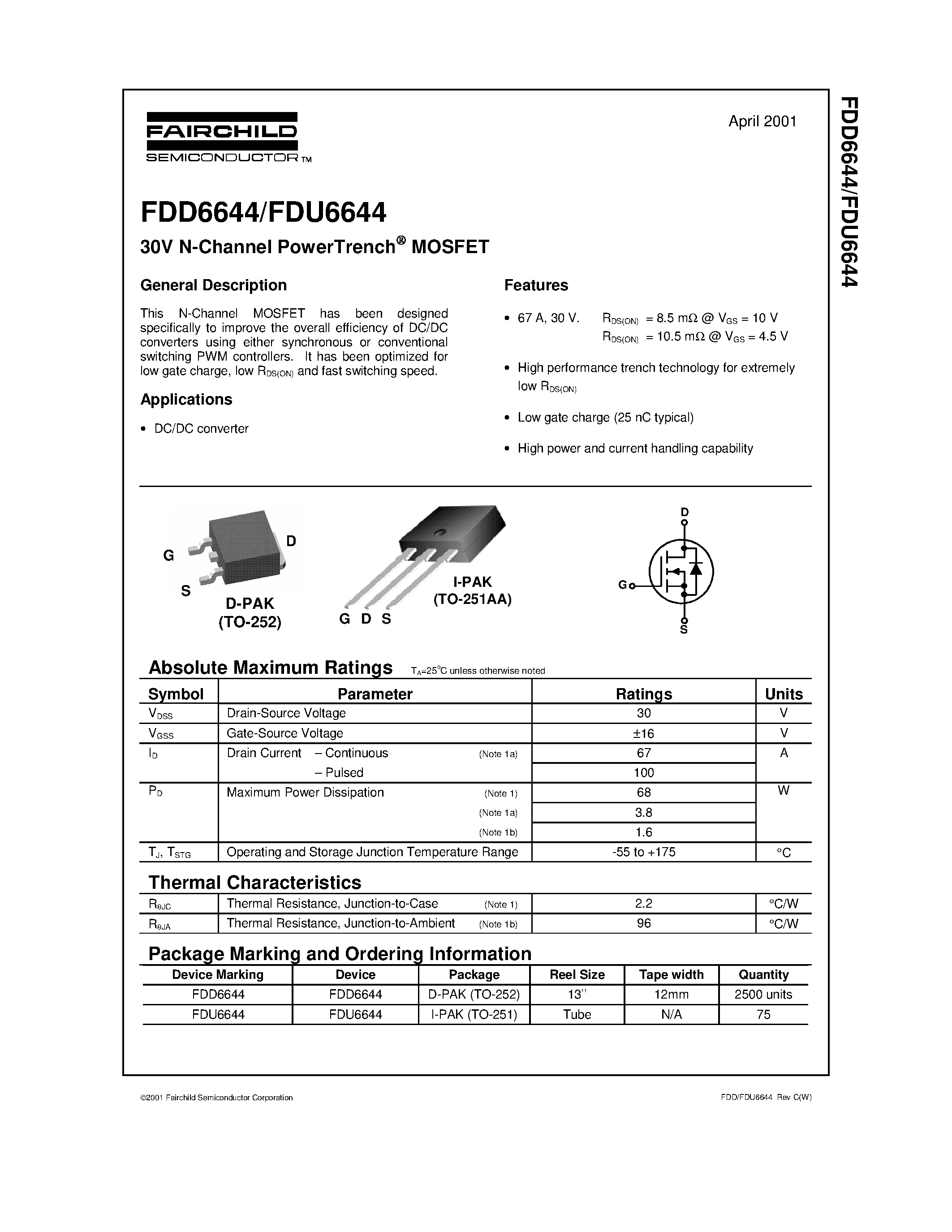 Datasheet FDU6644 - 30V N-Channel PowerTrench MOSFET page 1