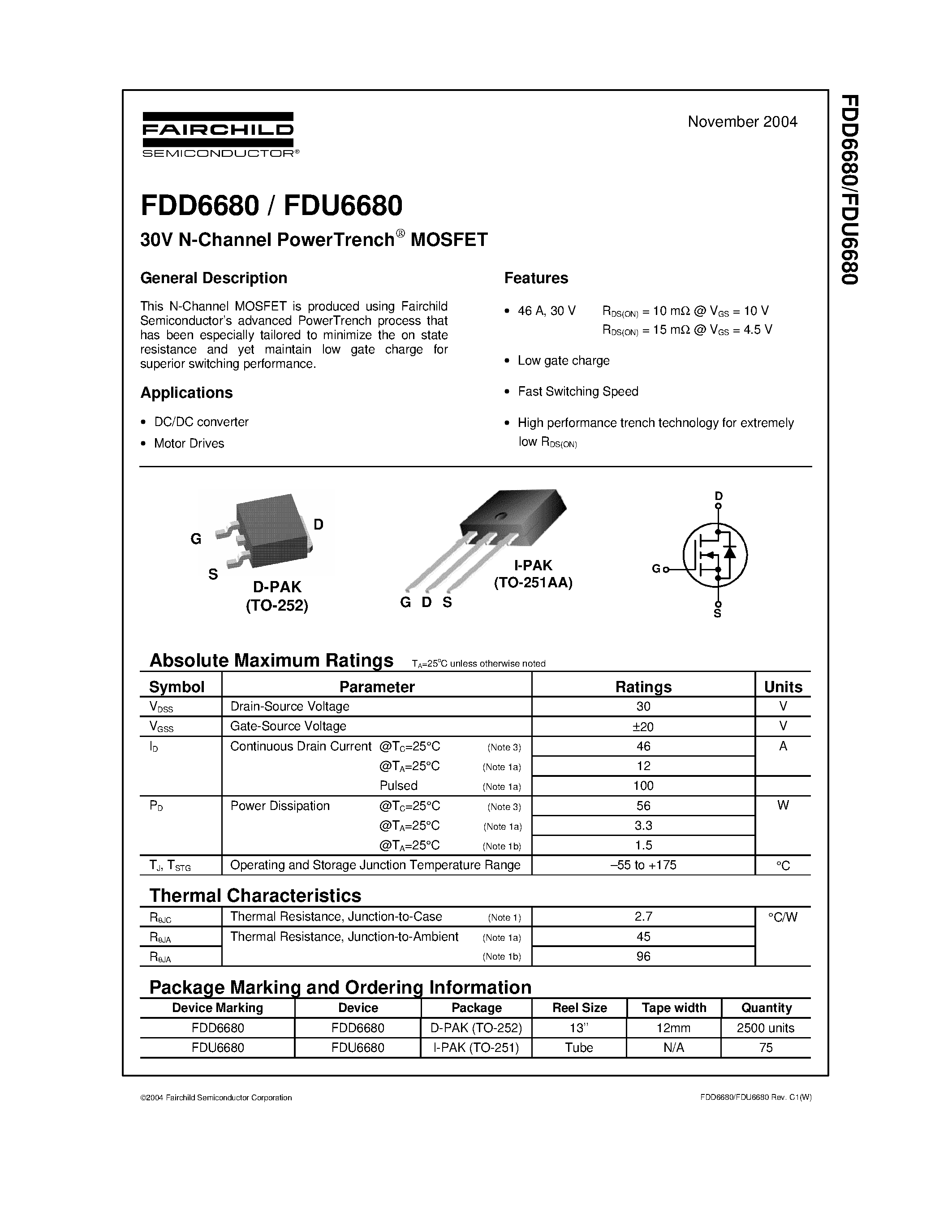 Datasheet FDU6680 - 30V N-Channel PowerTrench MOSFET page 1