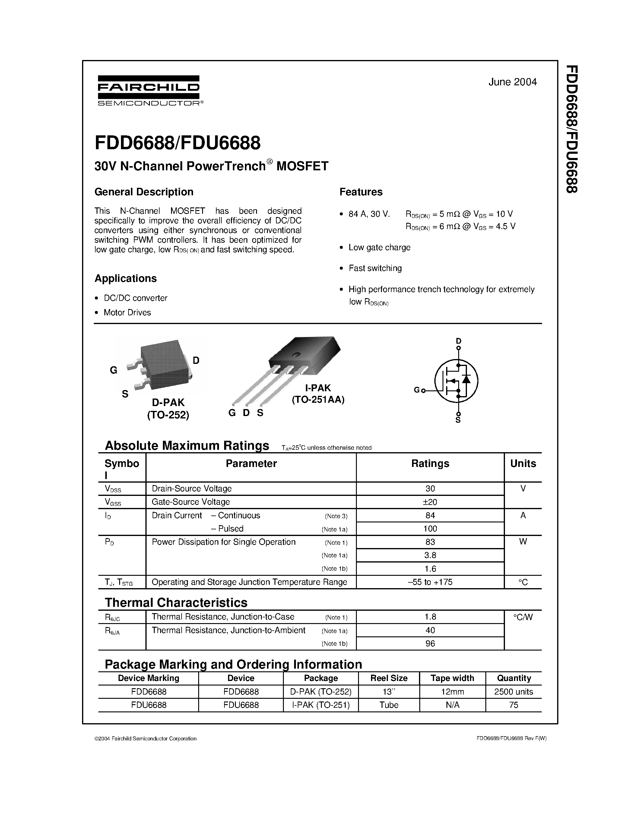 Datasheet FDU6688 - 30V N-Channel PowerTrench MOSFET page 1