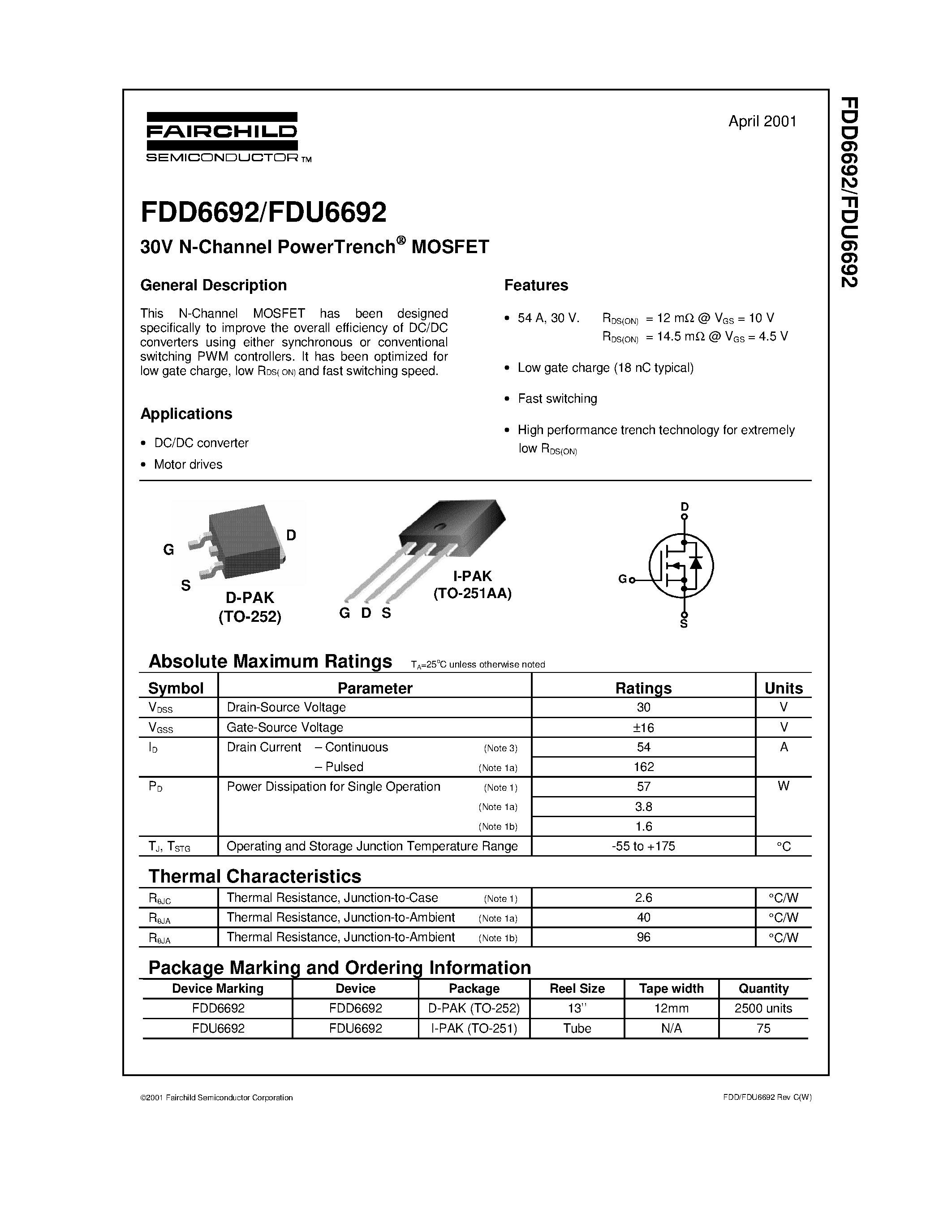 Datasheet FDU6692 - 30V N-Channel PowerTrench MOSFET page 1