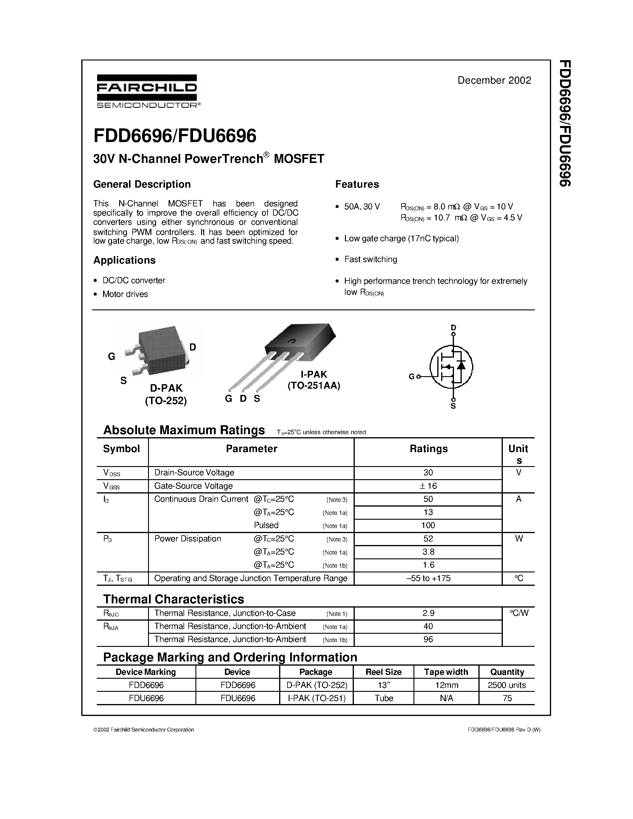 Datasheet FDU6696 - 30V N-Channel PowerTrench MOSFET page 1