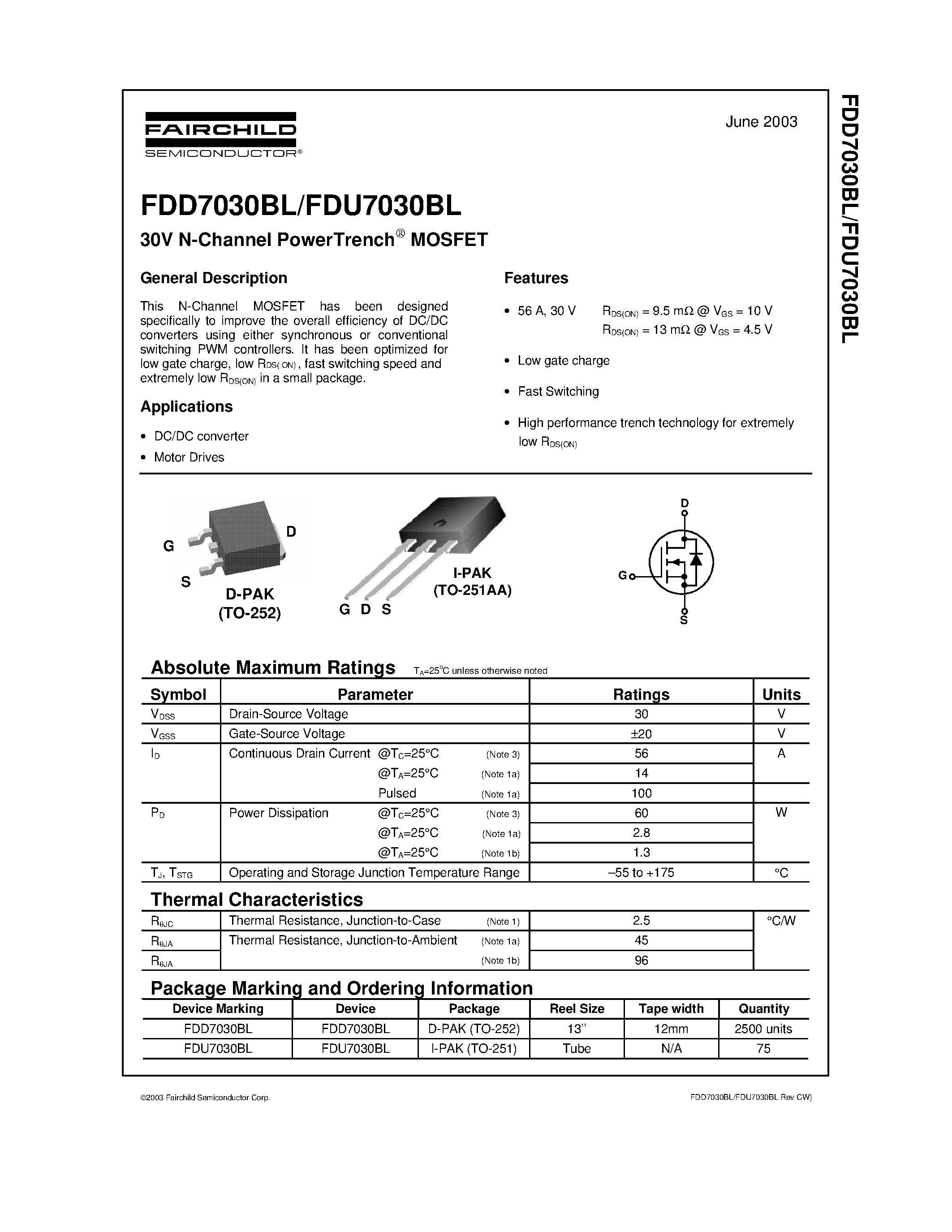 Datasheet FDU7030BL - 30V N-Channel PowerTrench MOSFET page 1