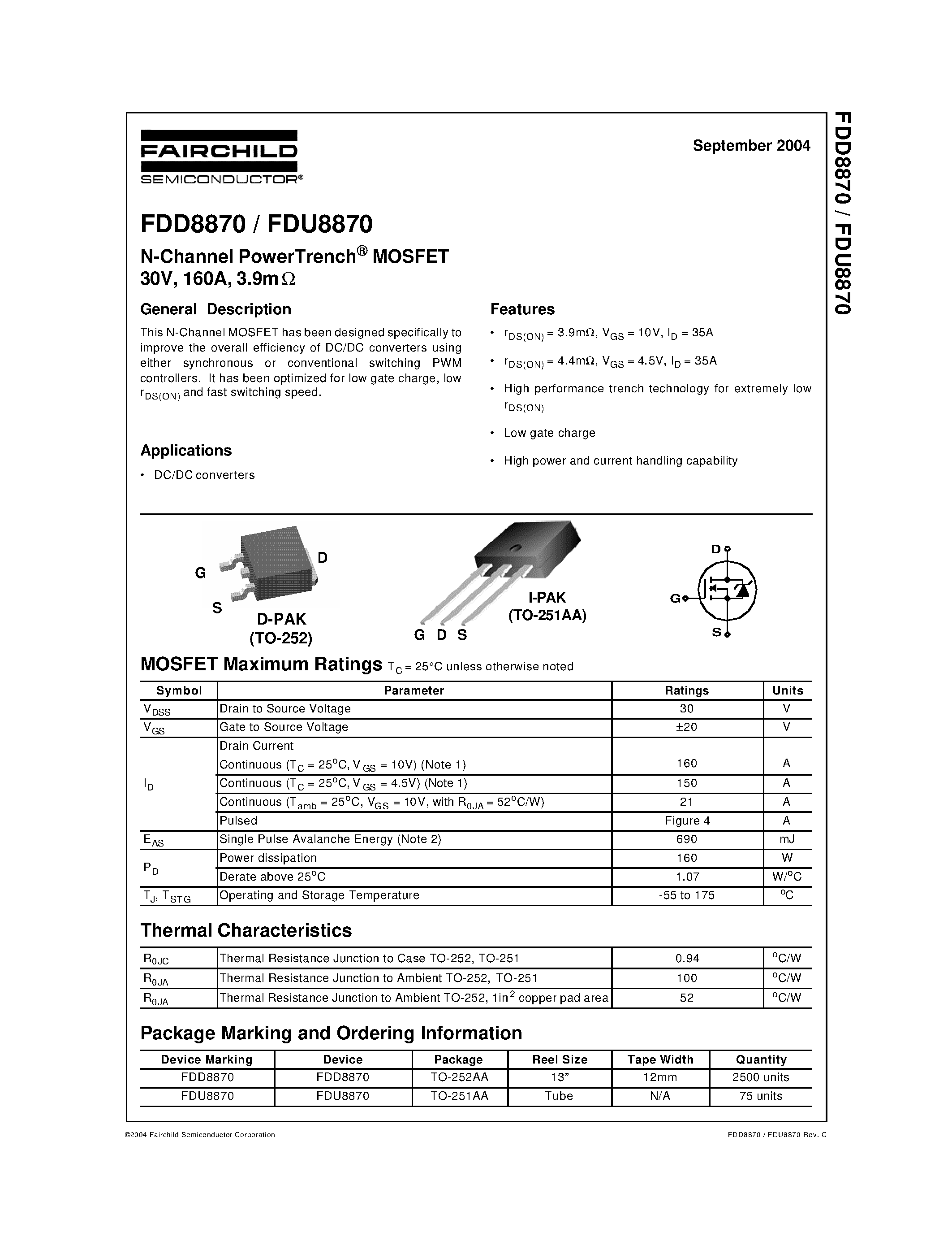 Datasheet FDU8870 - N-Channel PowerTrench MOSFET page 1