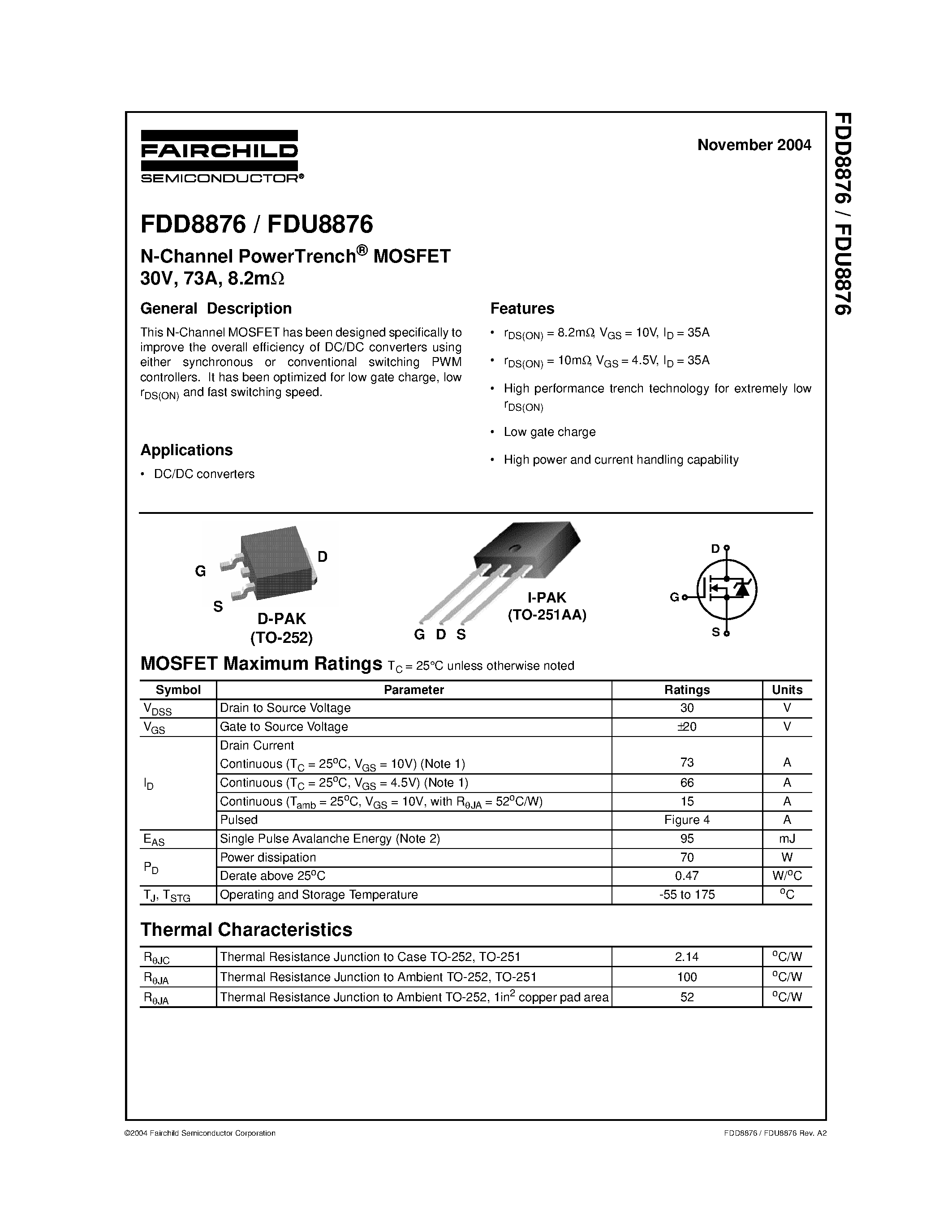 Datasheet FDU8876 - N-Channel PowerTrench MOSFET page 1