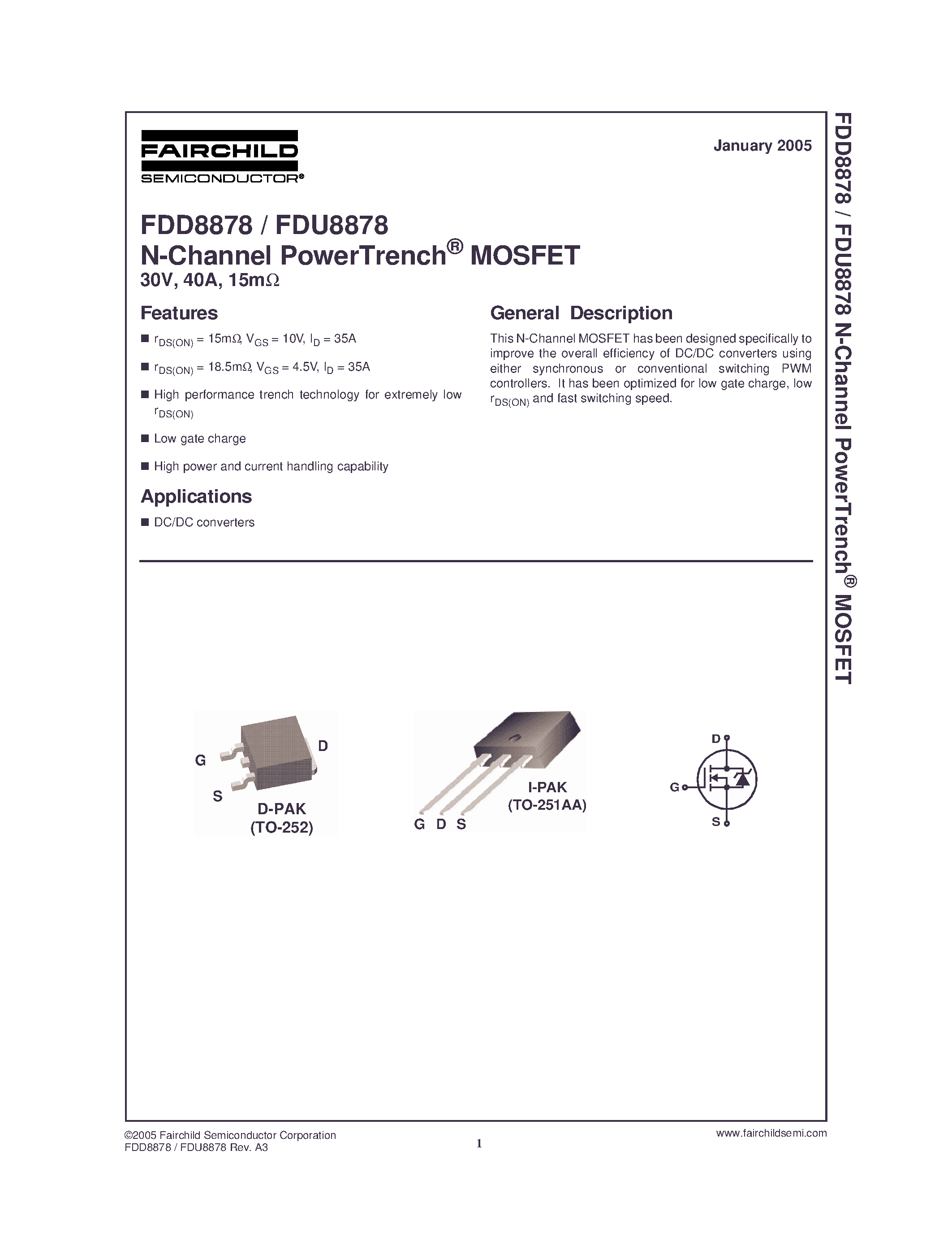 Datasheet FDU8878 - N-Channel PowerTrench MOSFET page 1