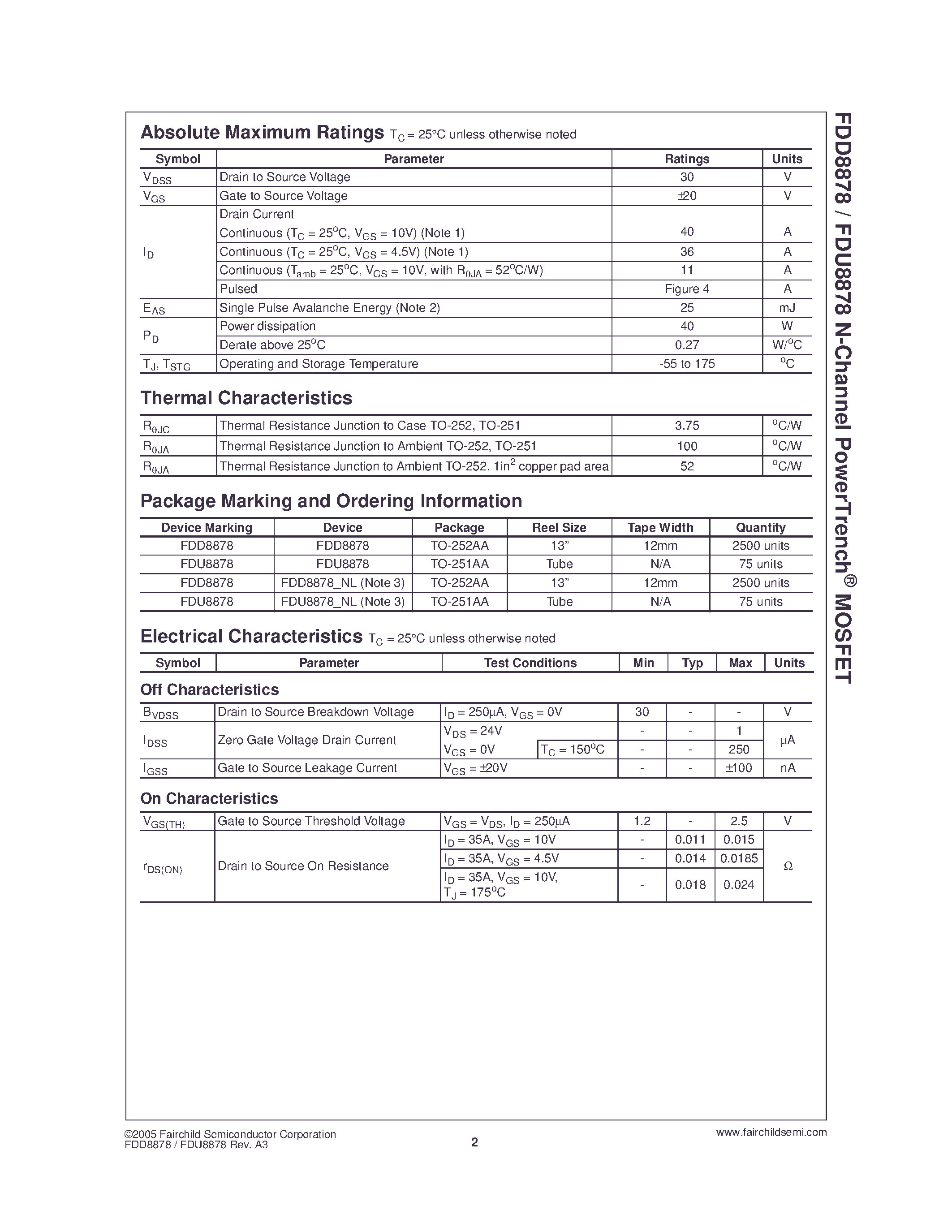 Datasheet FDU8878 - N-Channel PowerTrench MOSFET page 2