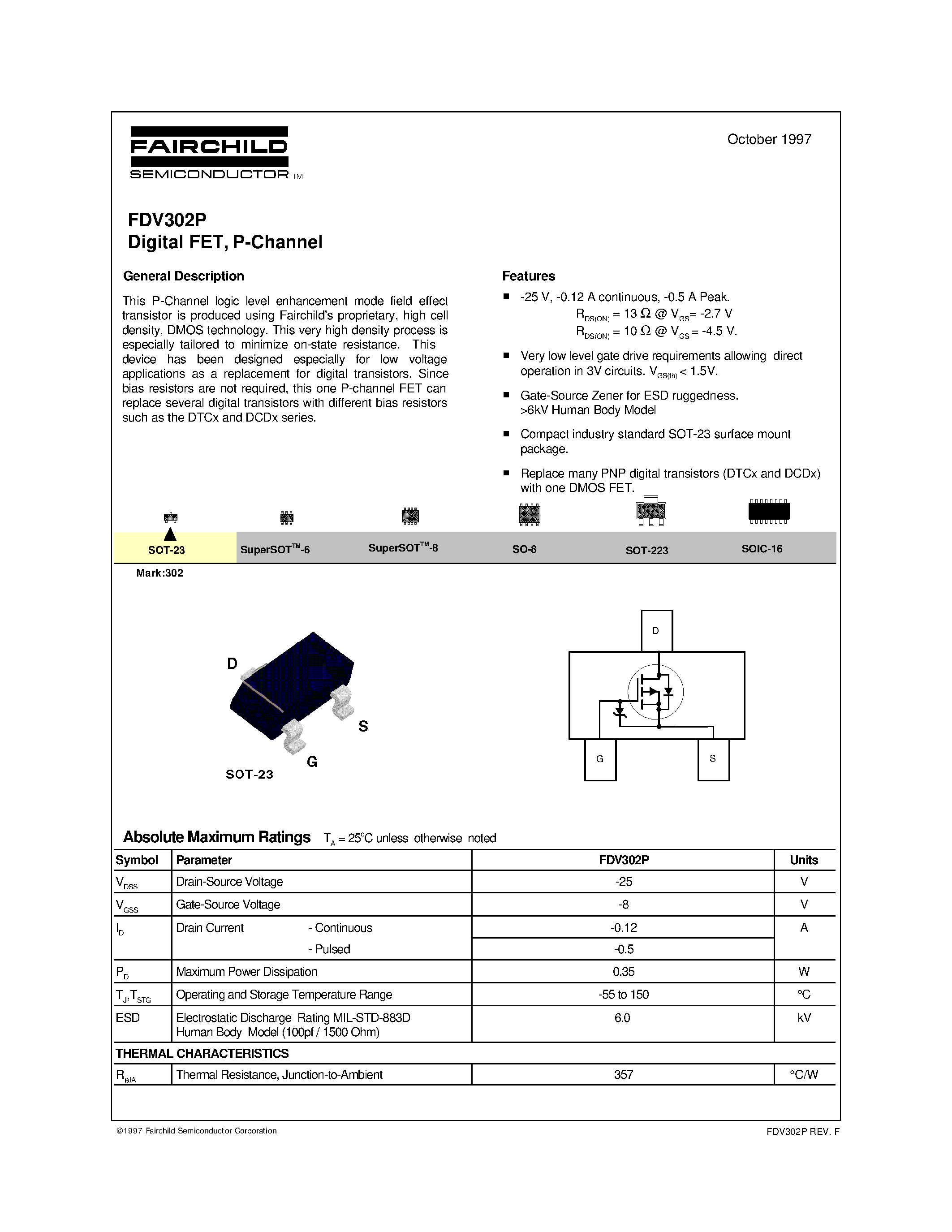 Datasheet FDV302P - Digital FET/ P-Channel page 1