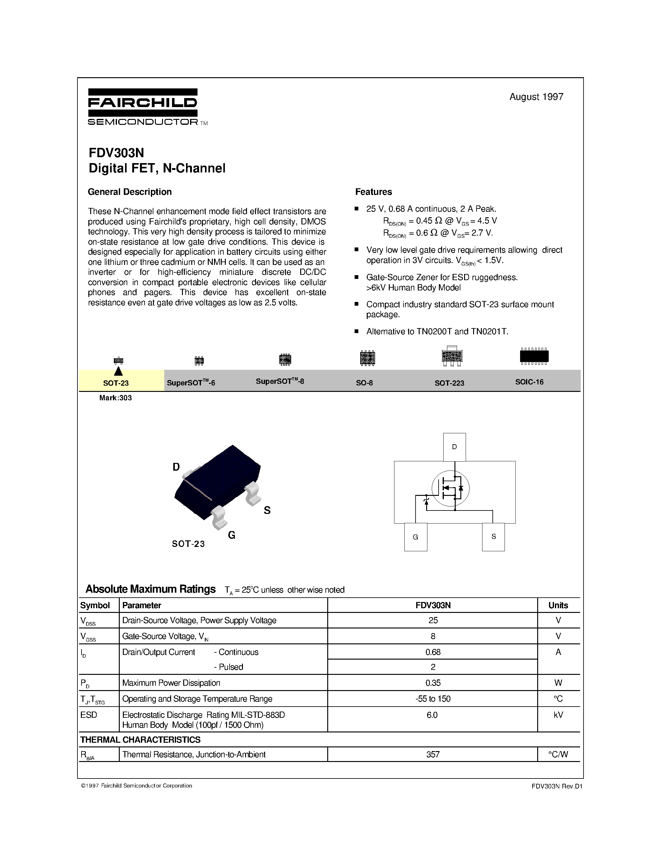 Datasheet FDV303N - Digital FET/ N-Channel page 1