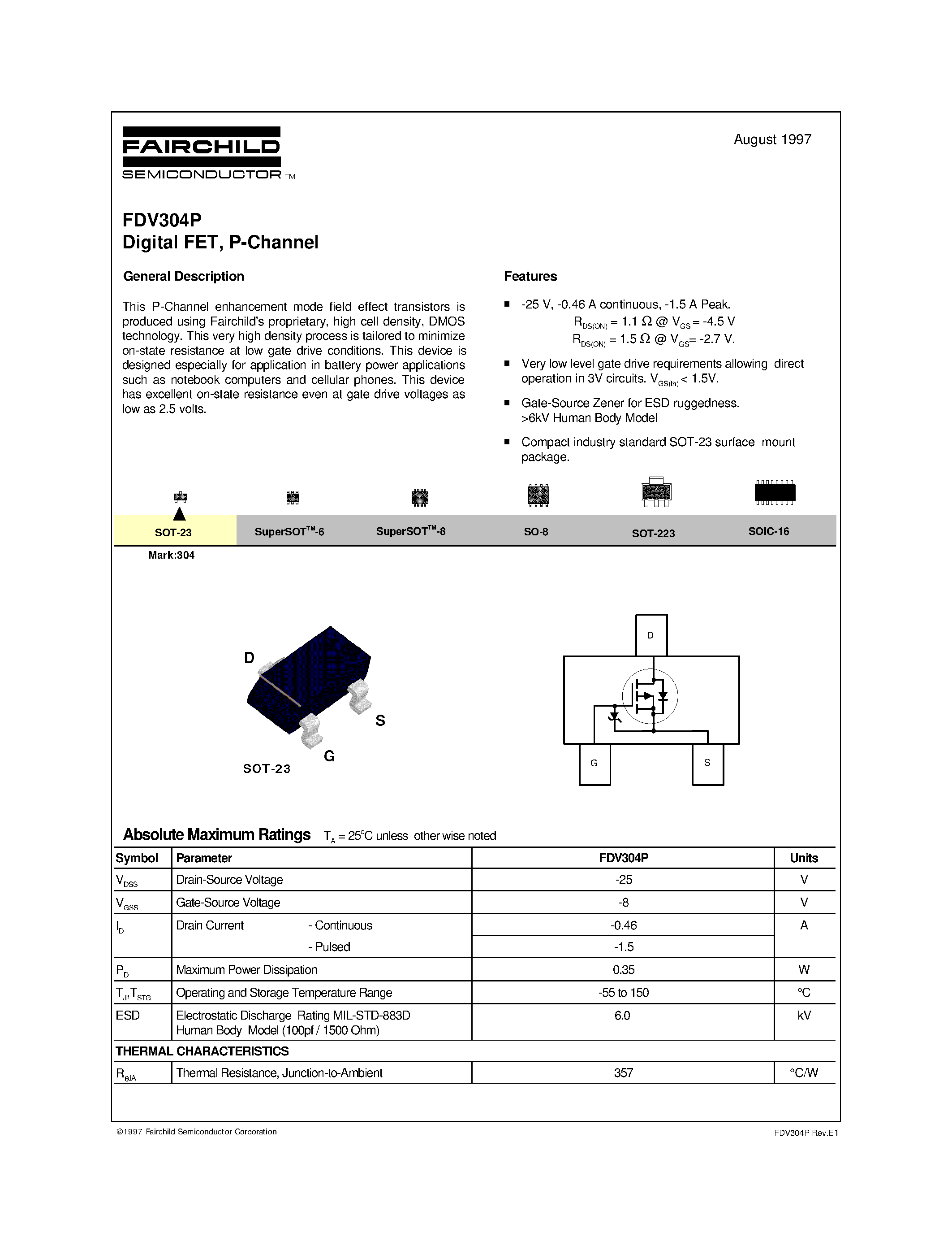Datasheet FDV304 page 1 Datasheet FDV304 - Digital FET/ P-Channel page 1