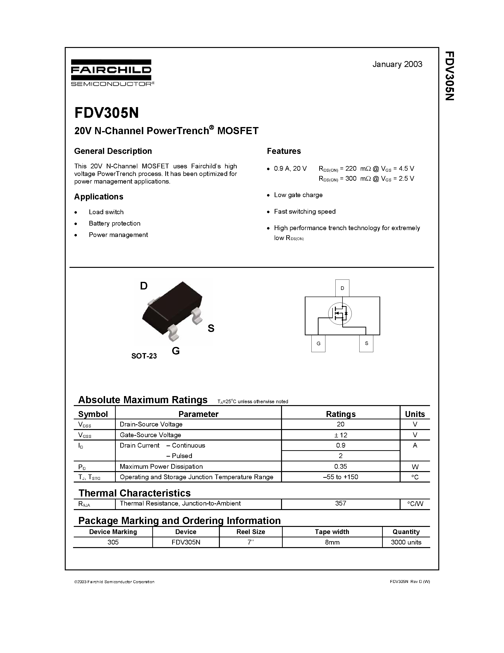 Datasheet FDV305N - 20V N-Channel PowerTrench MOSFET page 1