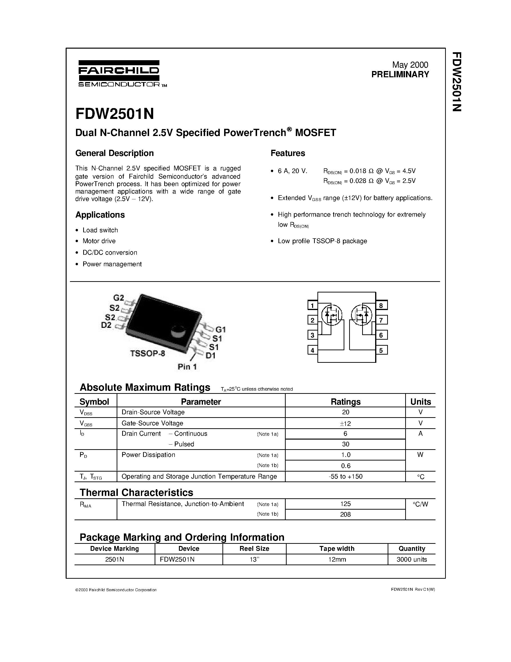 Datasheet FDW2501N - Dual N-Channel 2.5V Specified PowerTrench MOSFET page 1