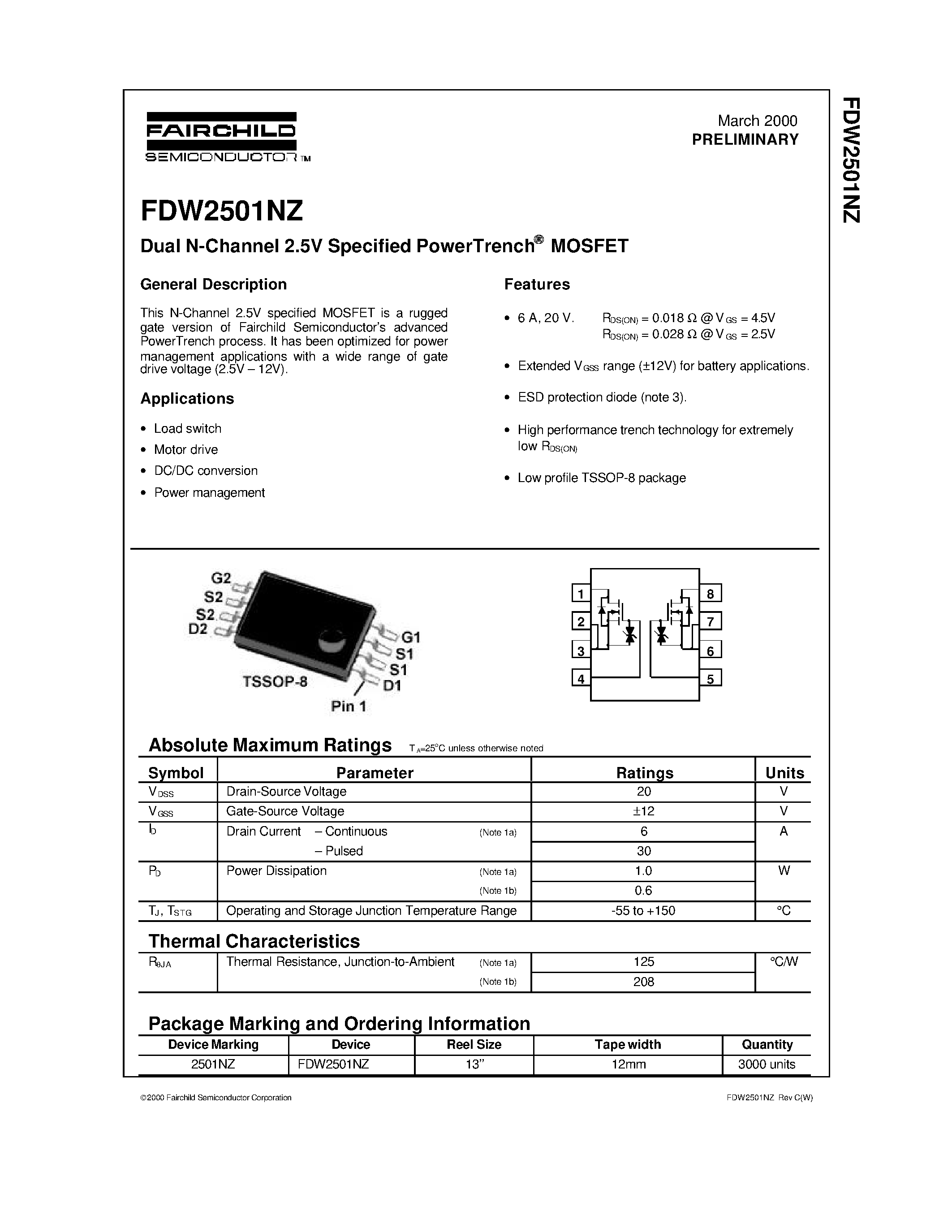Datasheet FDW2501NZ - Dual N-Channel 2.5V Specified PowerTrench MOSFET page 1