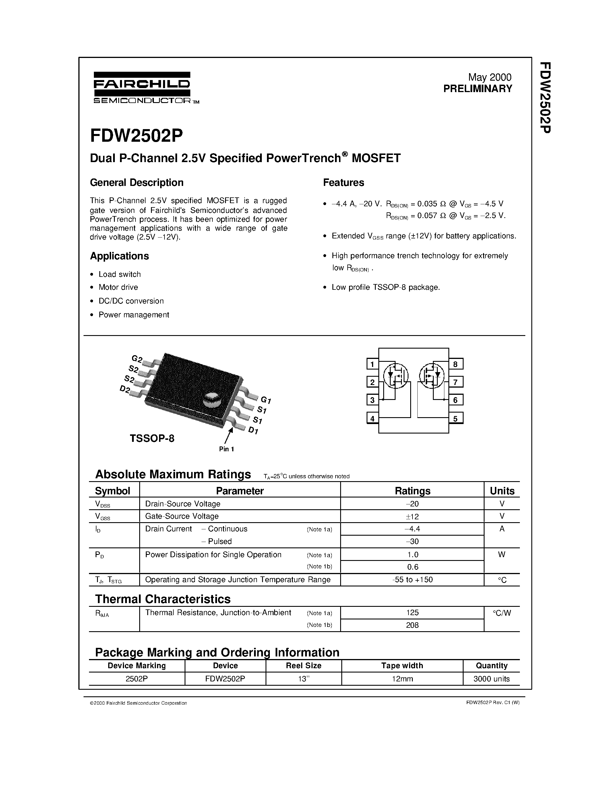 Datasheet FDW2502 - Dual P-Channel 2.5V Specified PowerTrench MOSFET page 1