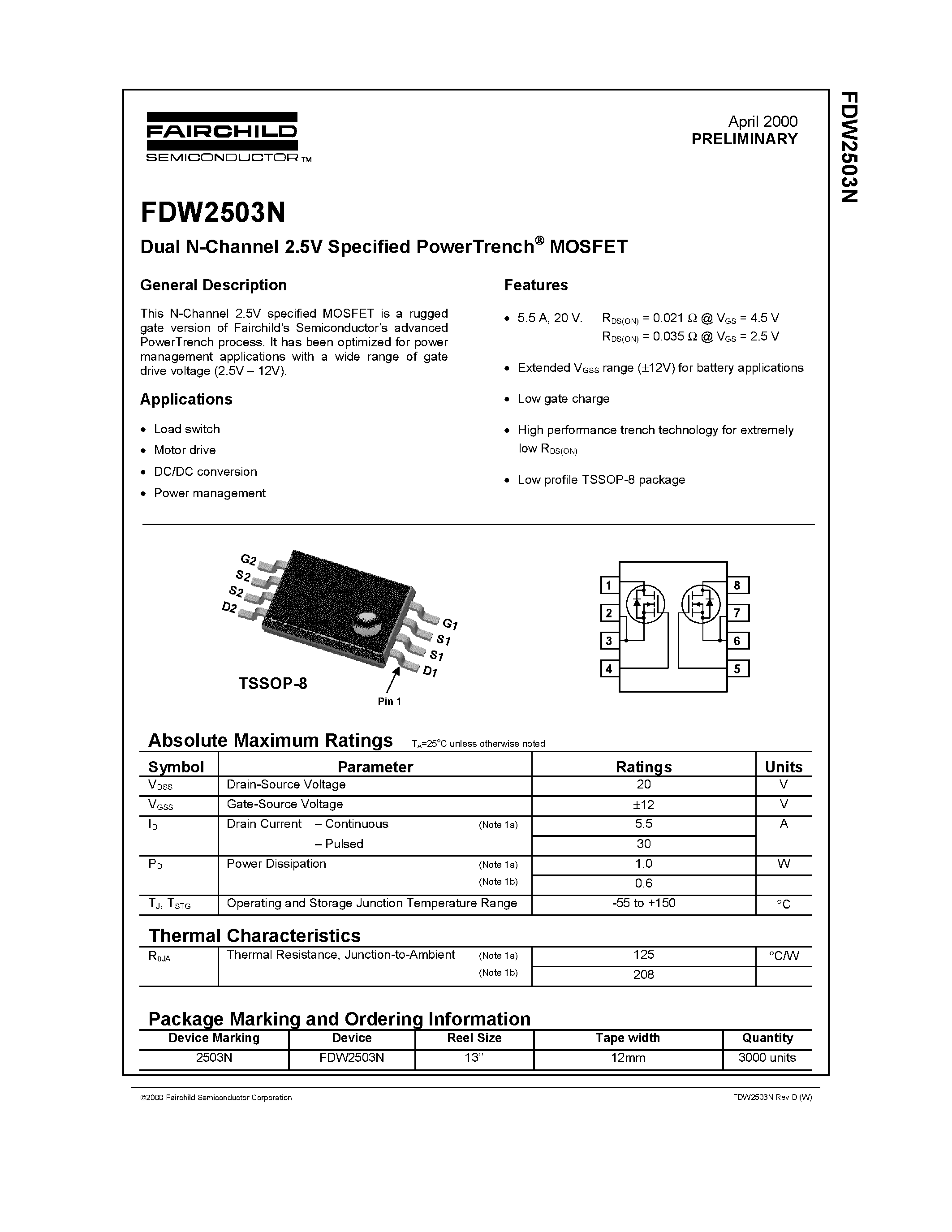 Datasheet FDW2503 - Dual N-Channel 2.5V Specified PowerTrench MOSFET page 1