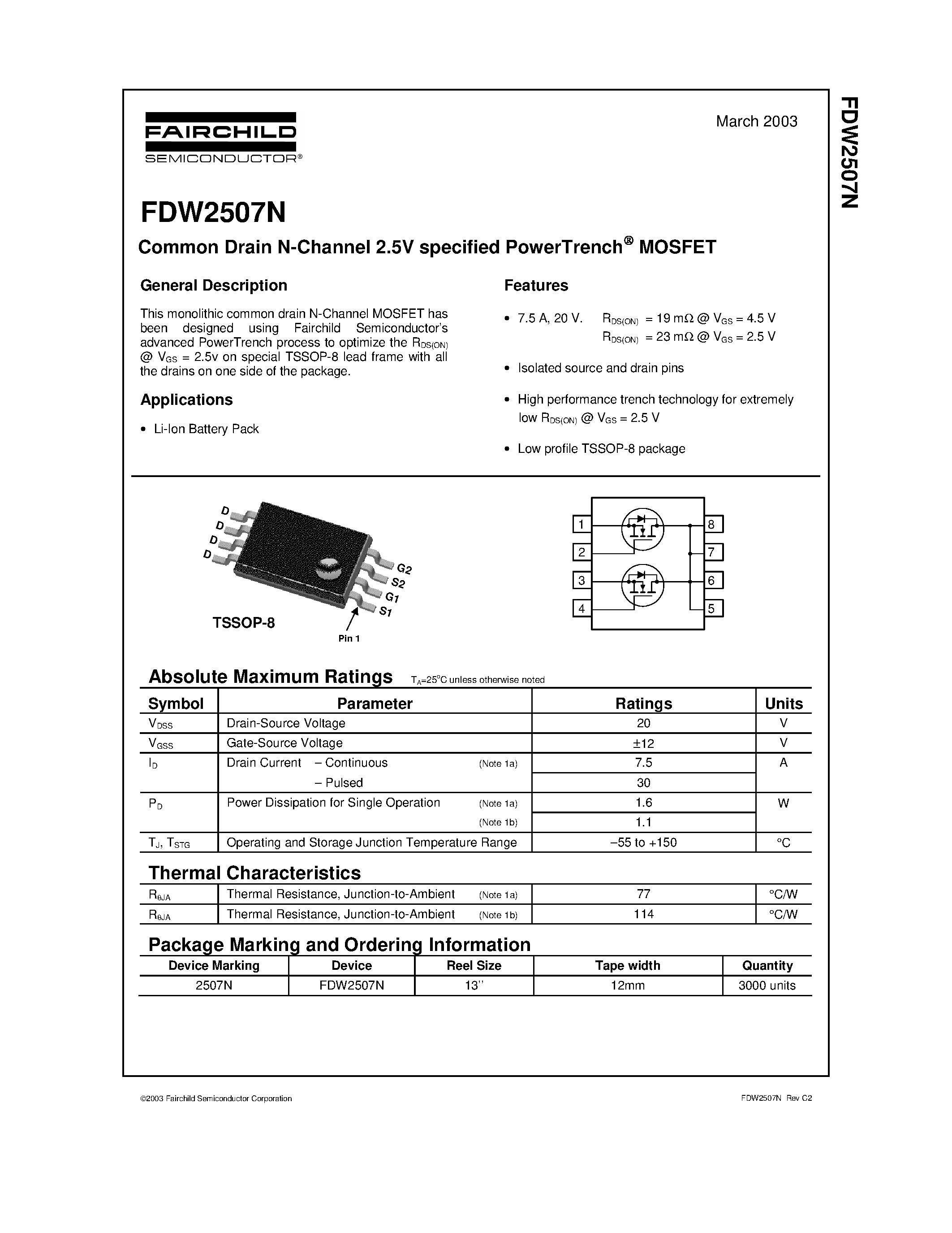 Datasheet FDW2507N - Common Drain N-Channel 2.5V specified PowerTrench MOSFET page 1