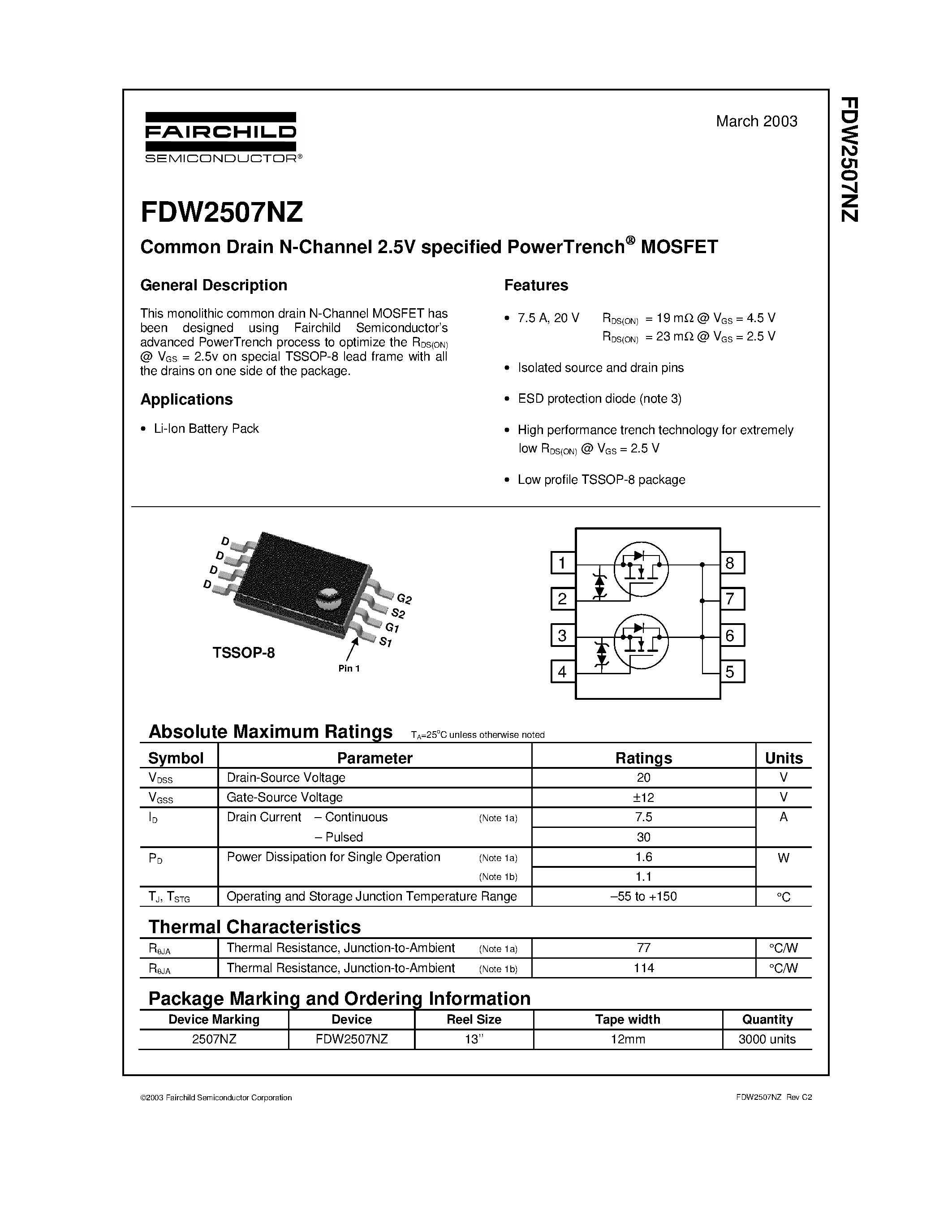 Datasheet FDW2507NZ - Common Drain N-Channel 2.5V specified PowerTrench MOSFET page 1