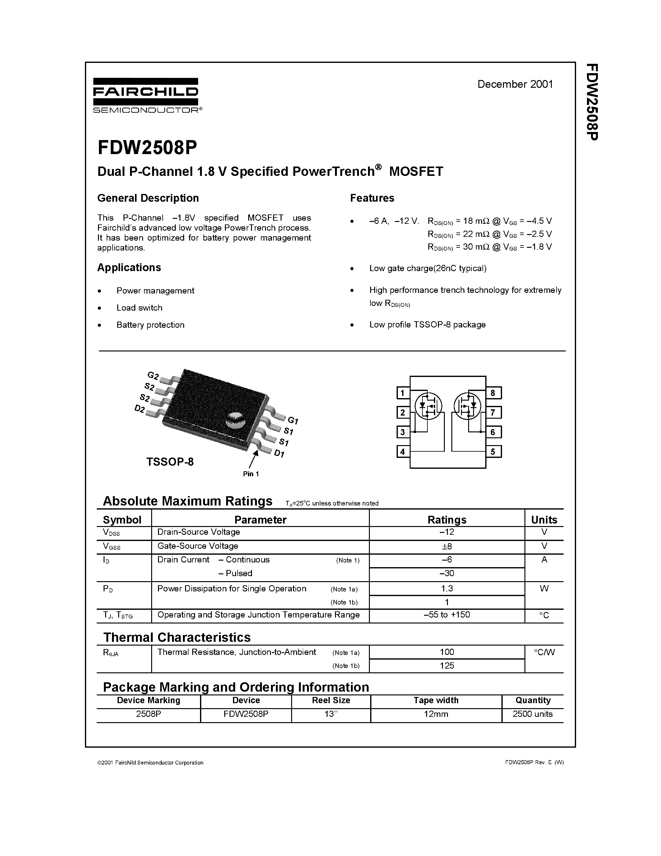 Datasheet FDW2508 - Dual P-Channel 1.8 V Specified PowerTrench MOSFET page 1