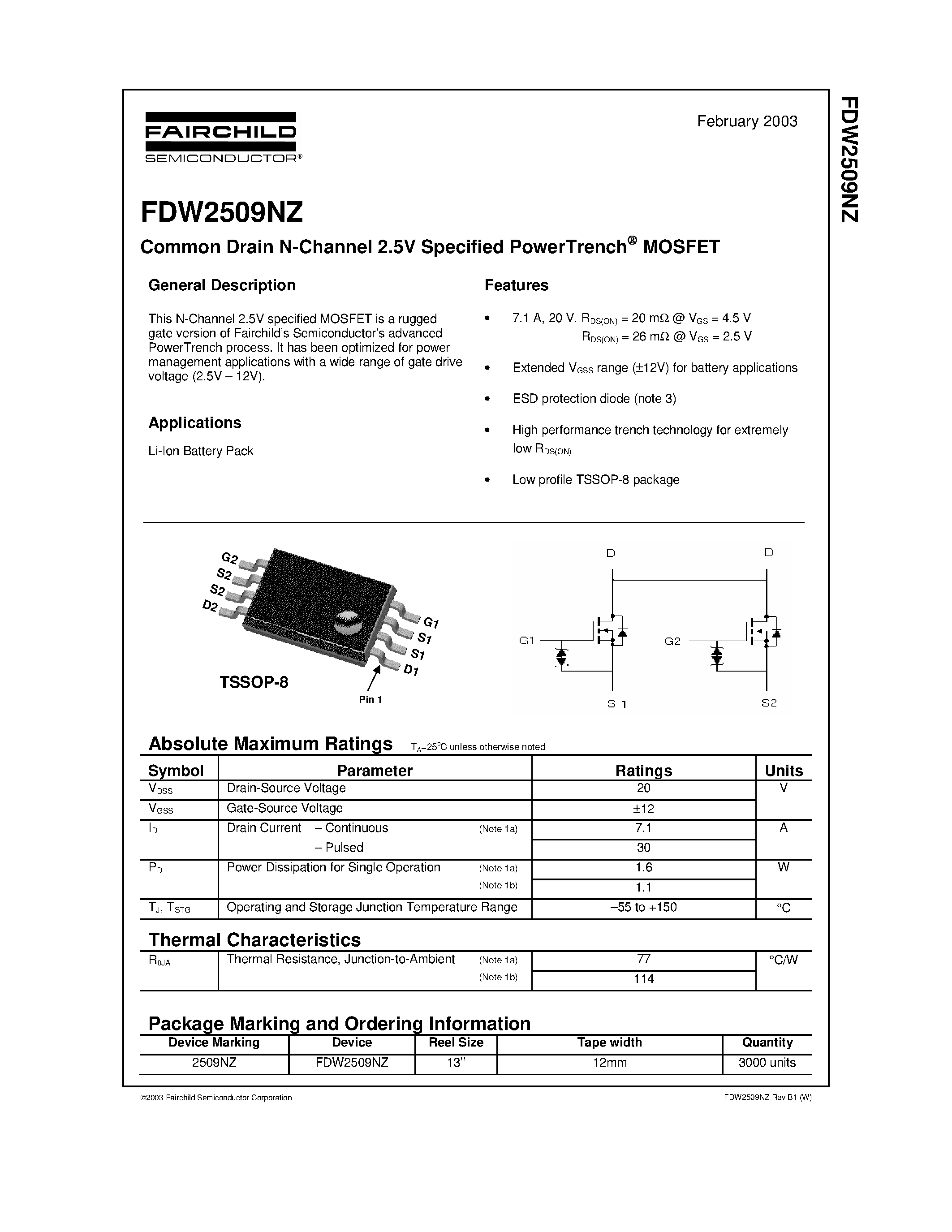 Datasheet FDW2509NZ - Common Drain N-Channel 2.5V Specified PowerTrench MOSFET page 1
