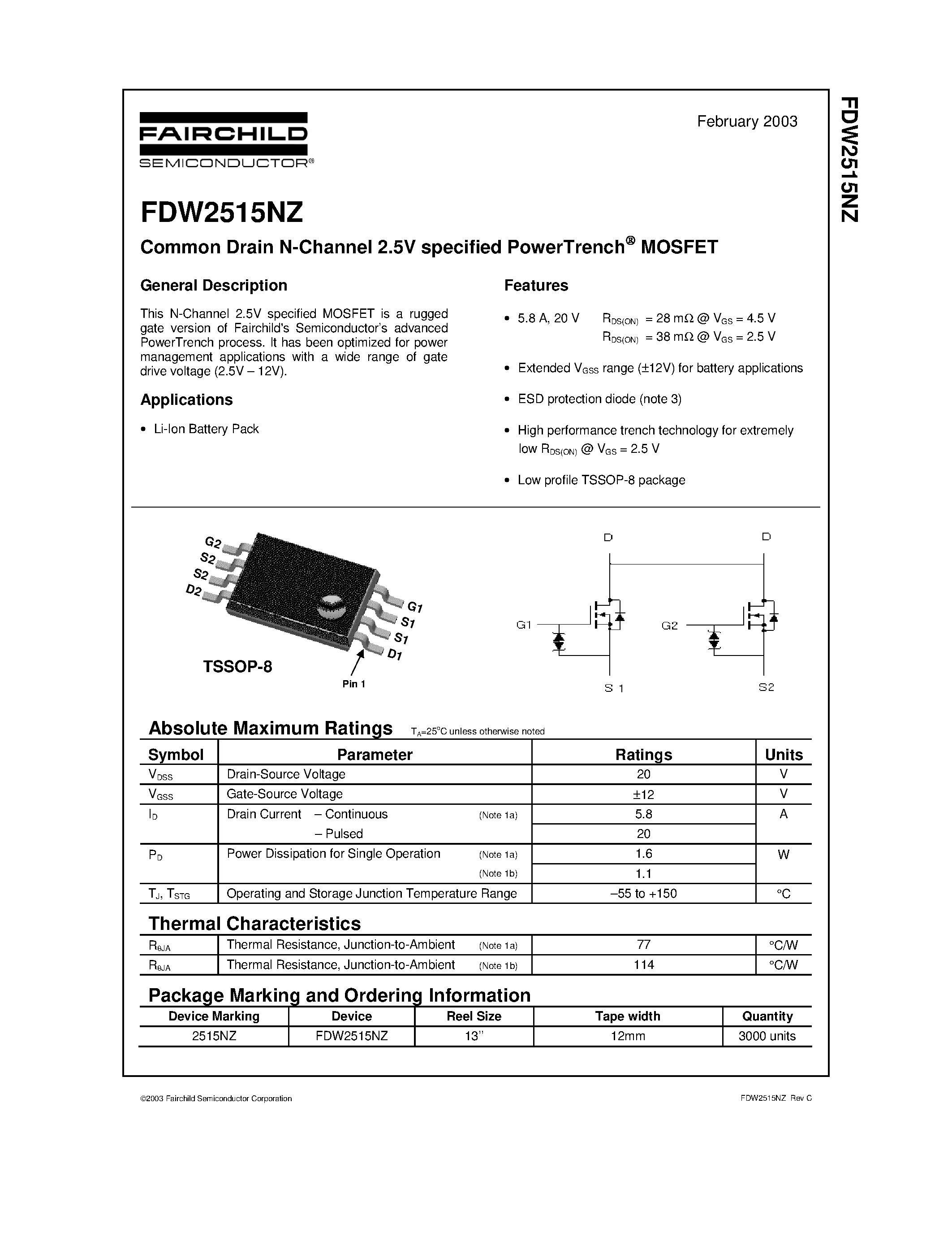 Datasheet FDW2515NZ - Common Drain N-Channel 2.5V specified PowerTrench MOSFET page 1