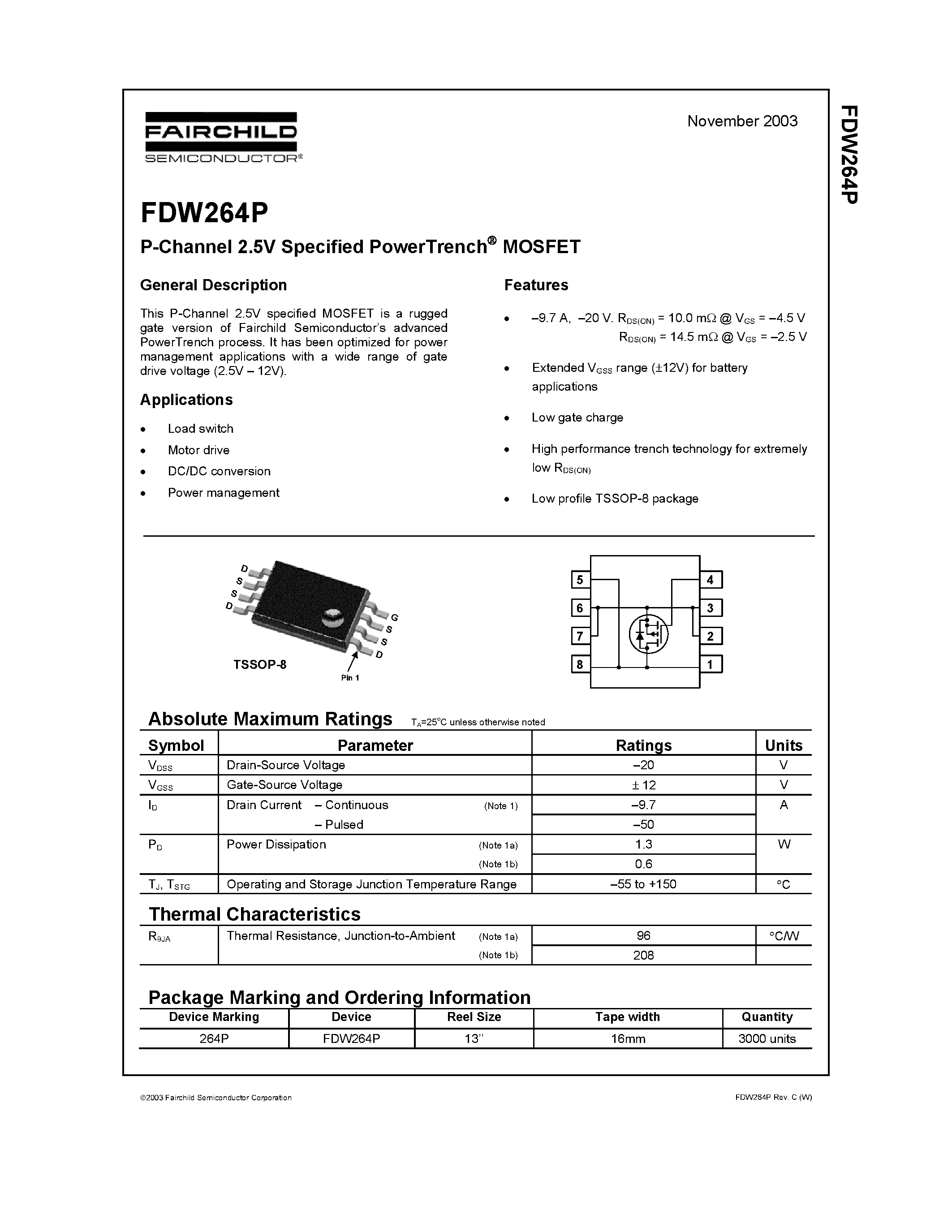 Datasheet FDW264P - P-Channel 2.5V Specified PowerTrench MOSFET page 1