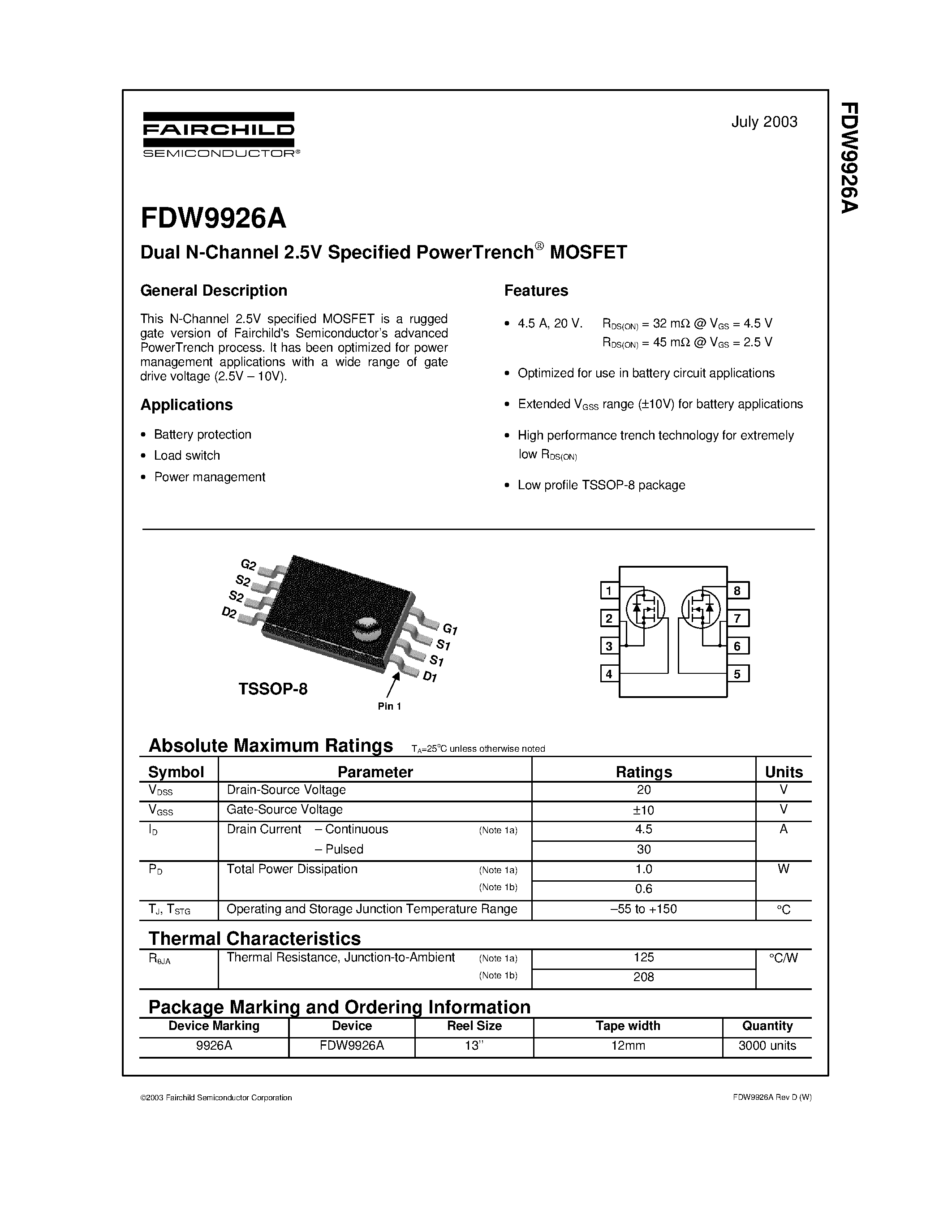 Datasheet FDW9926 - Dual N-Channel 2.5V Specified PowerTrench MOSFET page 1