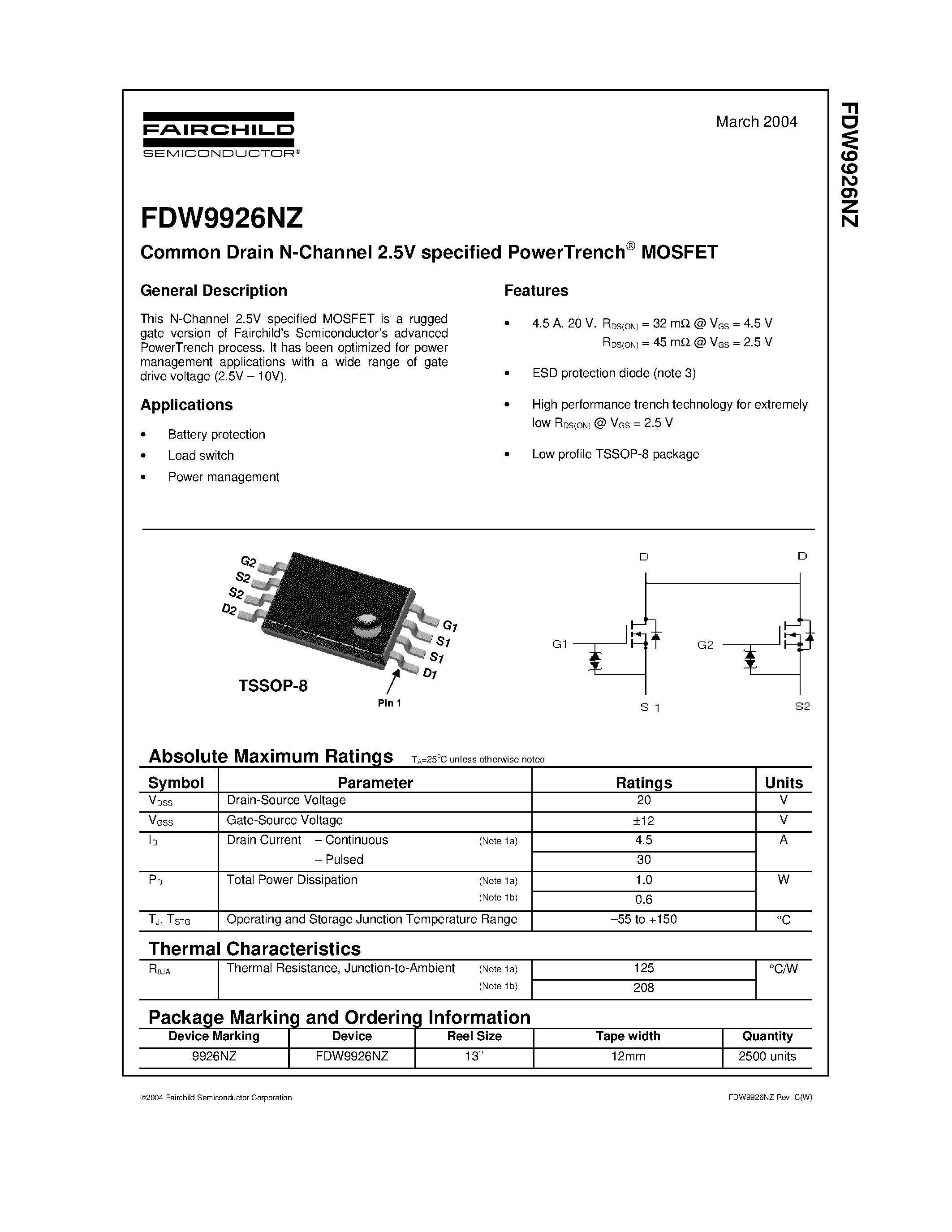 Datasheet FDW9926NZ - Common Drain N-Channel 2.5V specified PowerTrench MOSFET page 1