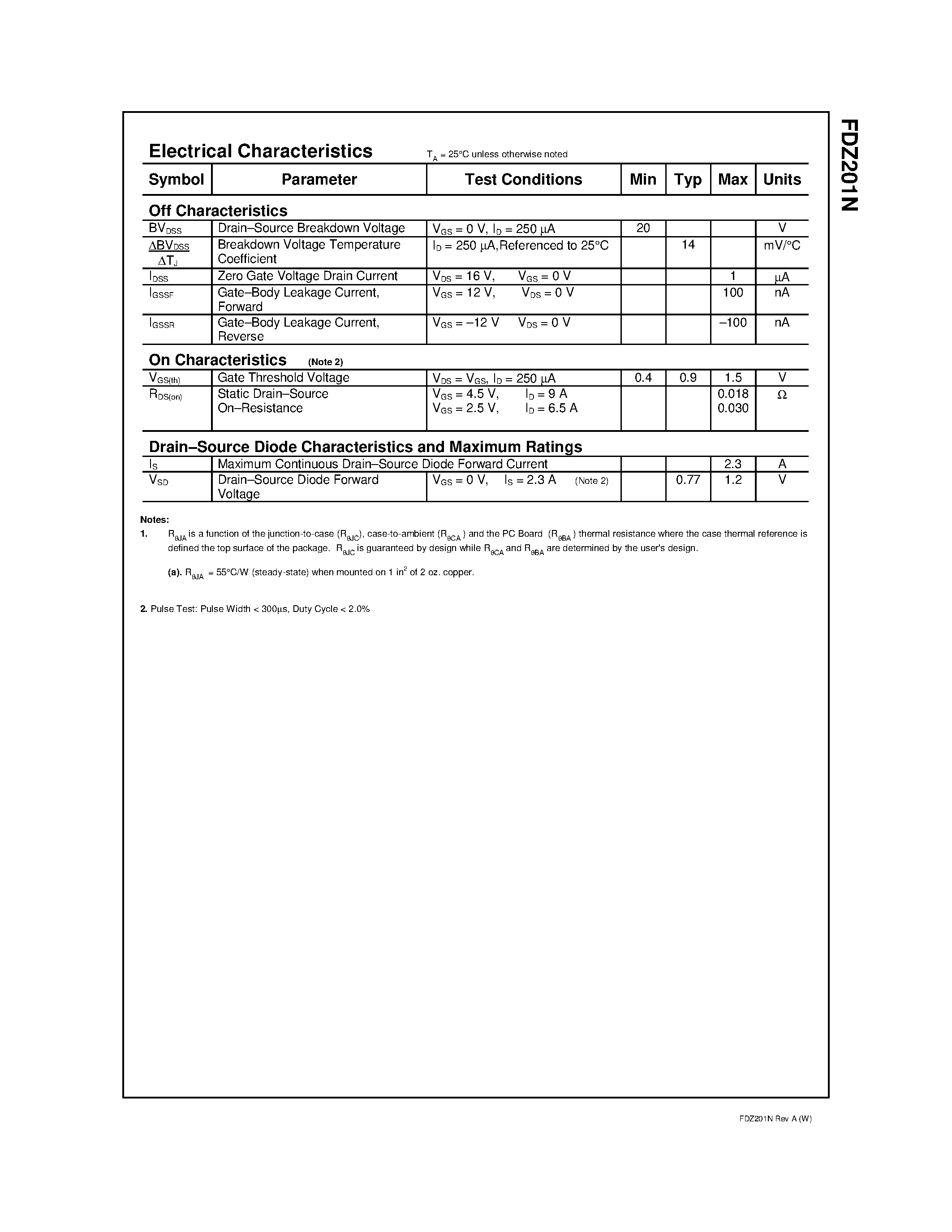 Даташит FDZ201N - N-Channel 2.5V Specified PowerTrenchTM BGA MOSFET страница 2