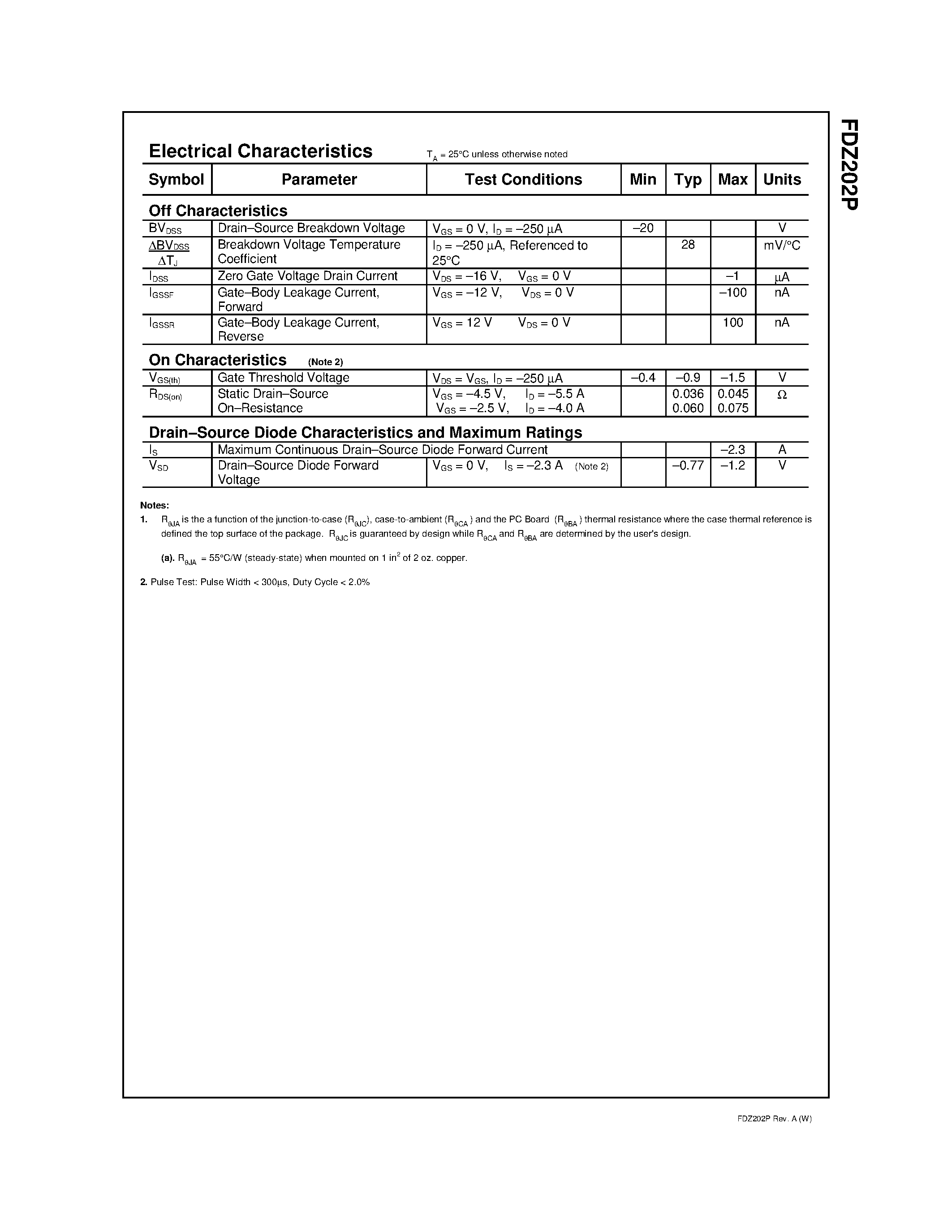 Даташит FDZ202P - P-Channel 2.5V Specified PowerTrenchTM BGA MOSFET страница 2