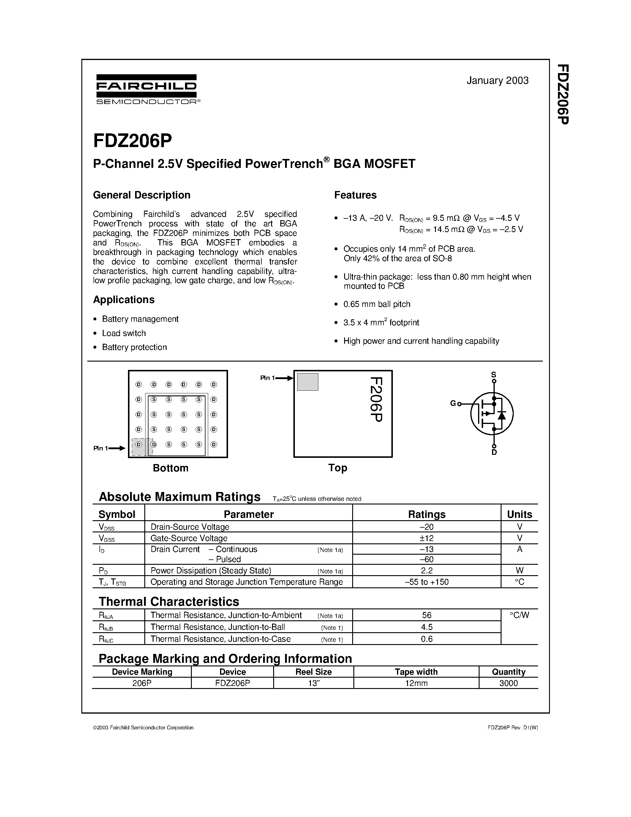 Даташит FDZ206P - P-Channel 2.5V Specified PowerTrench страница 1