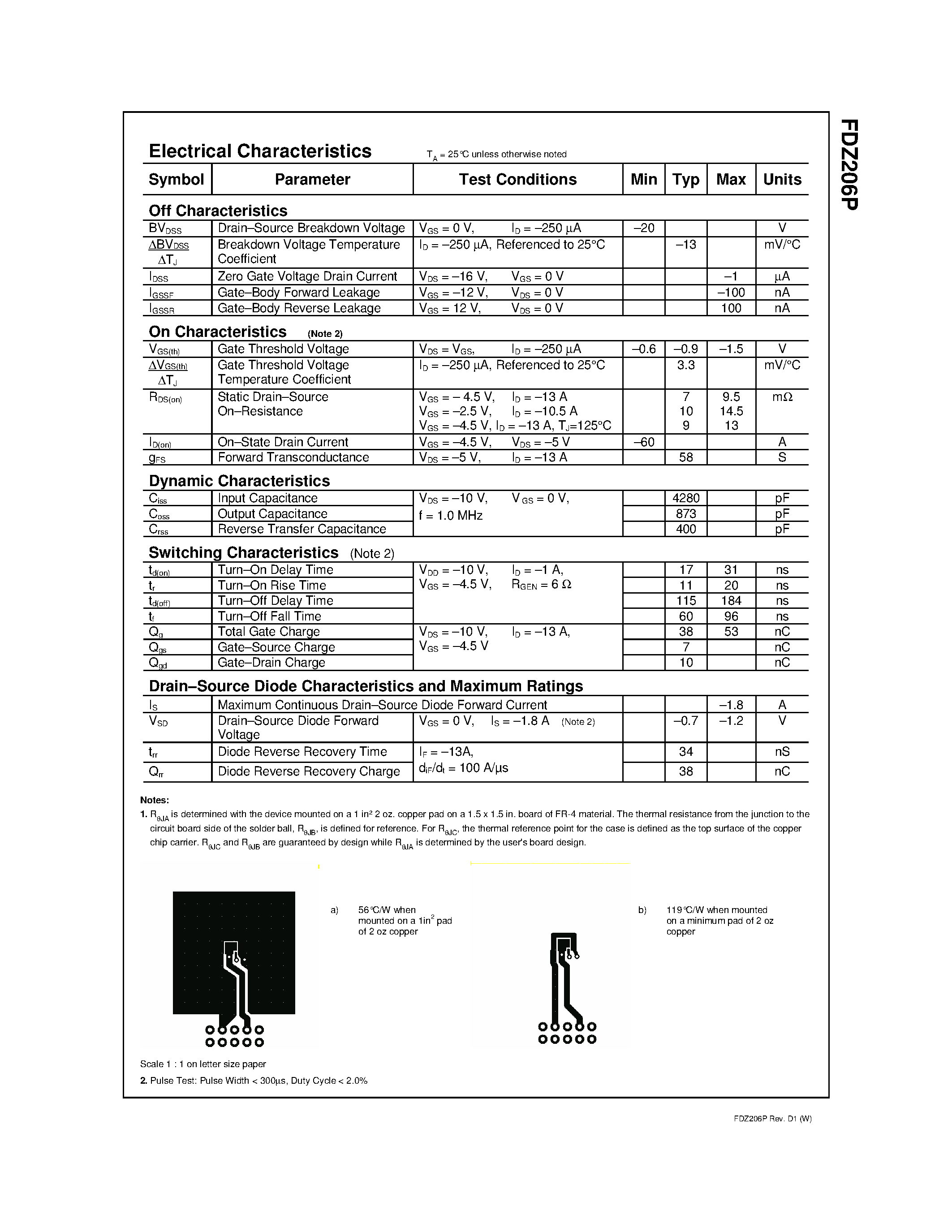 Даташит FDZ206P - P-Channel 2.5V Specified PowerTrench страница 2