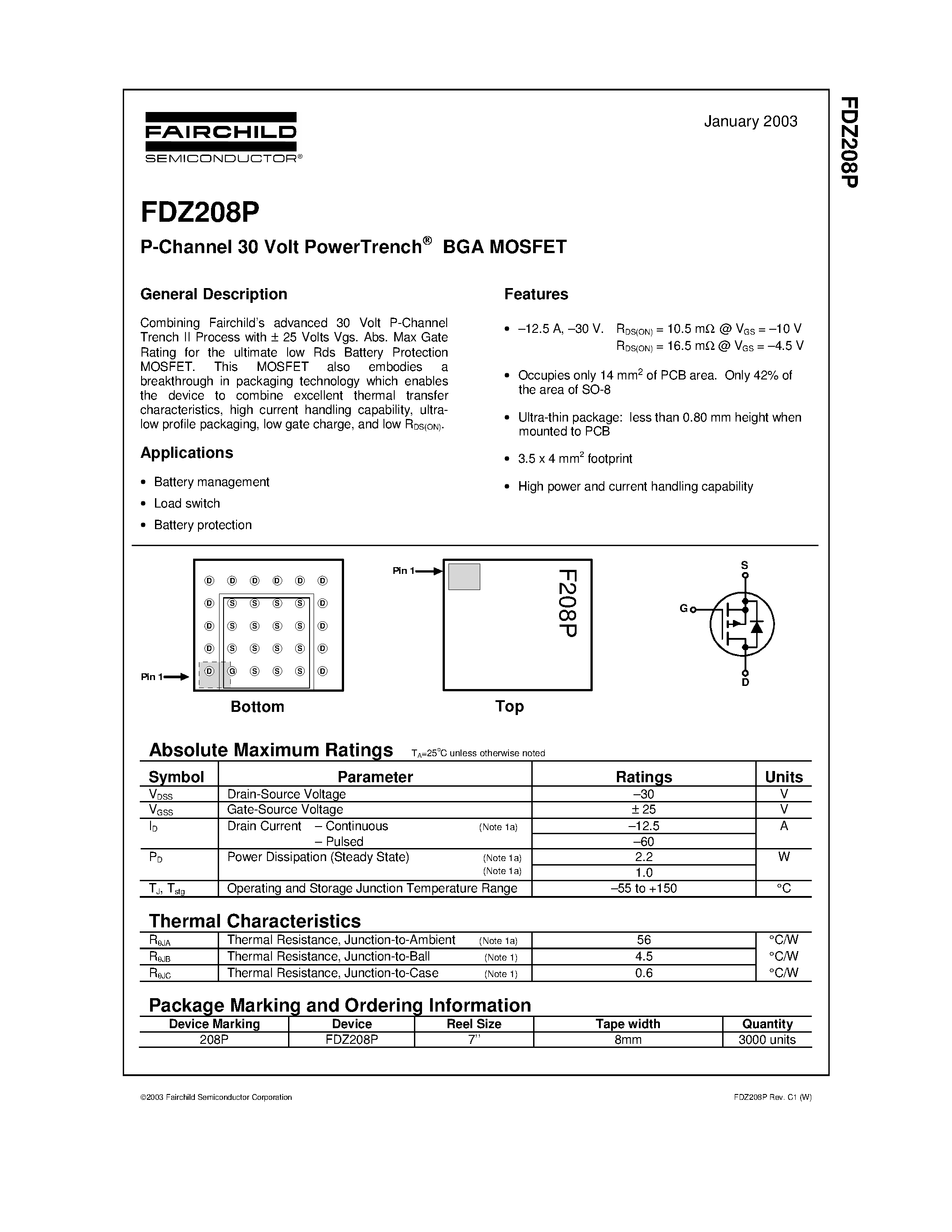 Даташит FDZ208P - P-Channel 30 Volt PowerTrench страница 1