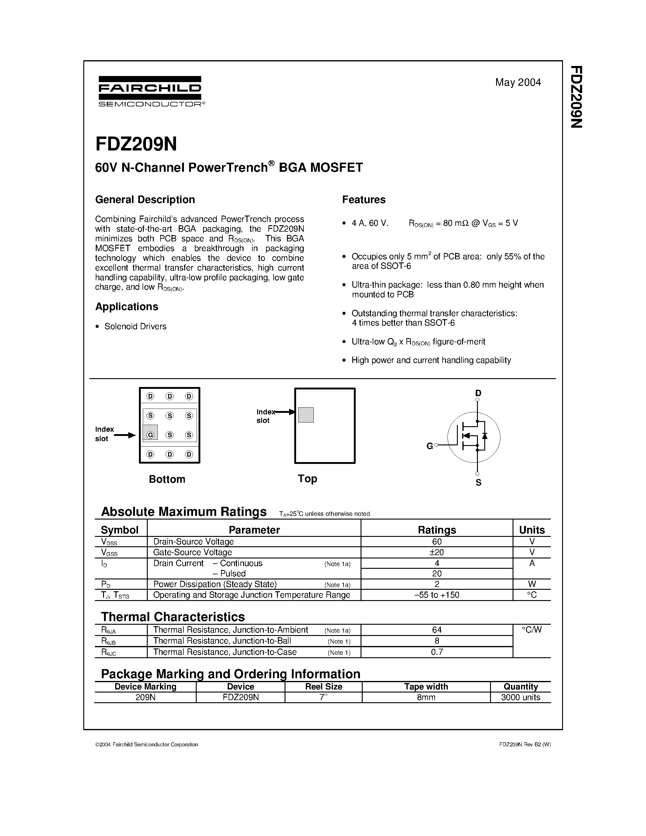 Даташит FDZ209N - 60V N-Channel PowerTrench BGA MOSFET страница 1