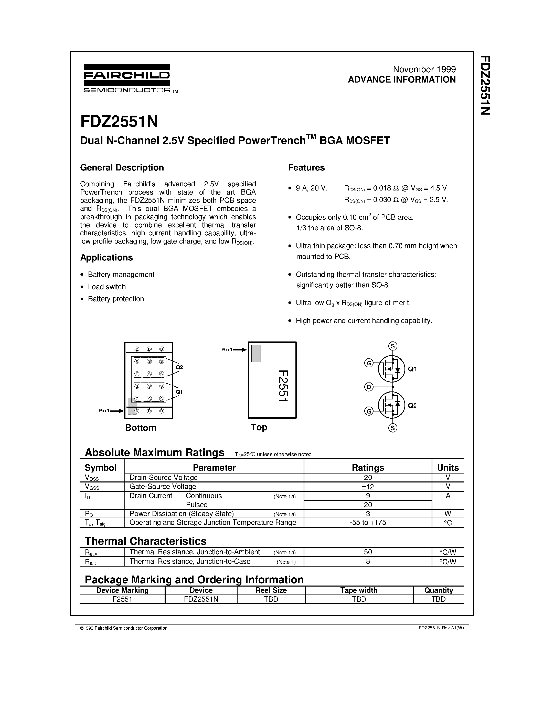 Datasheet FDZ2551N - Dual N-Channel 2.5V Specified PowerTrenchTM BGA MOSFET page 1