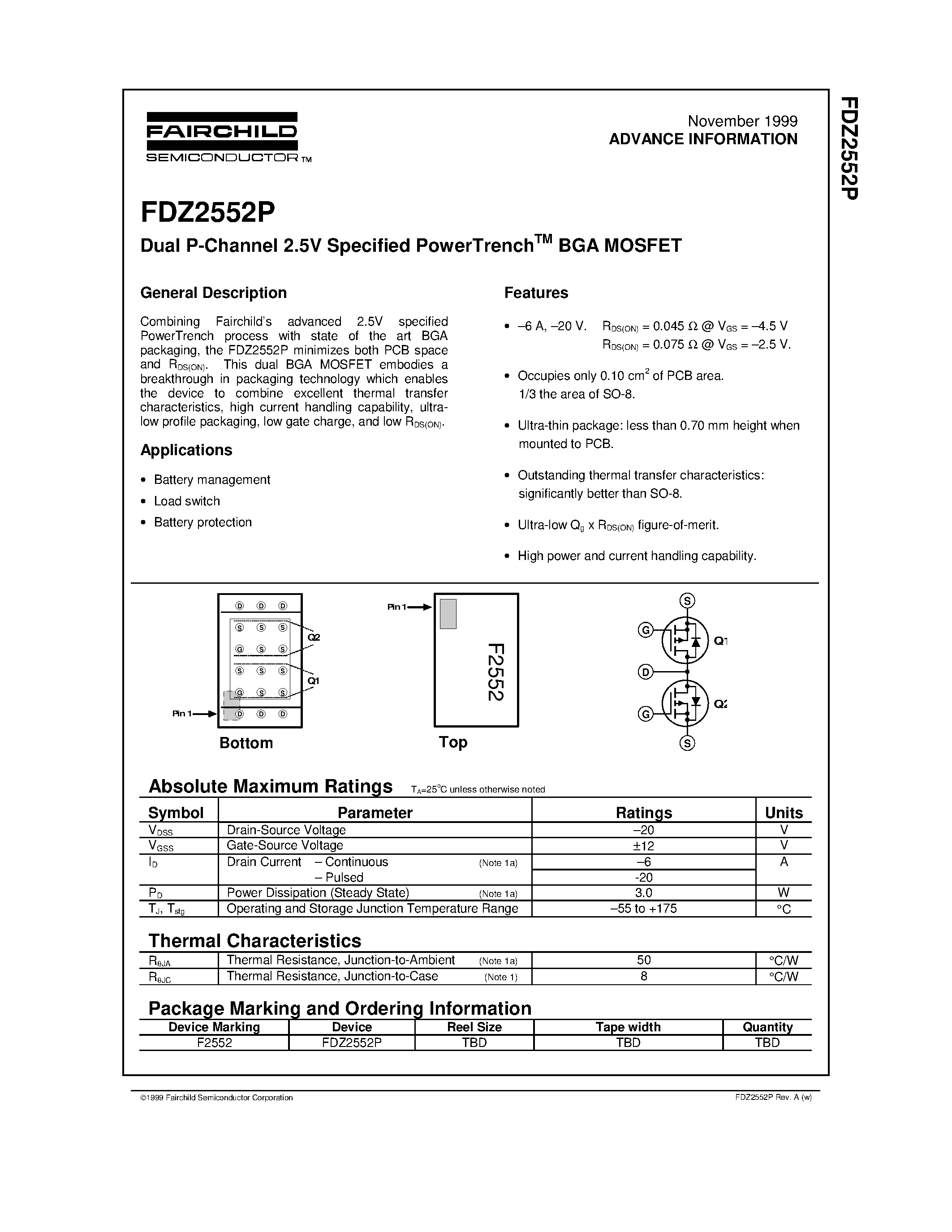 Даташит FDZ2552P - Dual P-Channel 2.5V Specified PowerTrenchTM BGA MOSFET страница 1