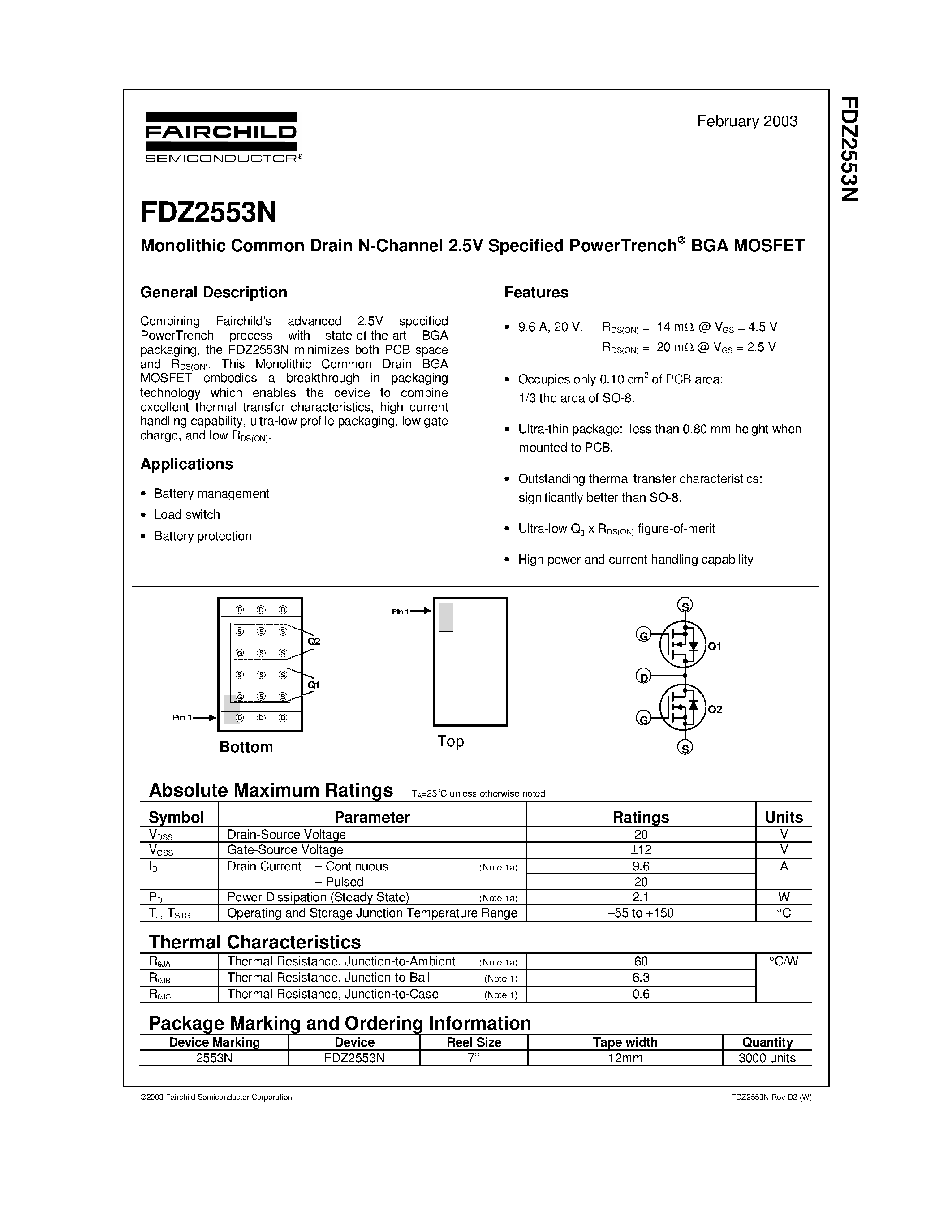 Даташит FDZ2553N - Monolithic Common Drain N-Channel 2.5V Specified PowerTrench страница 1