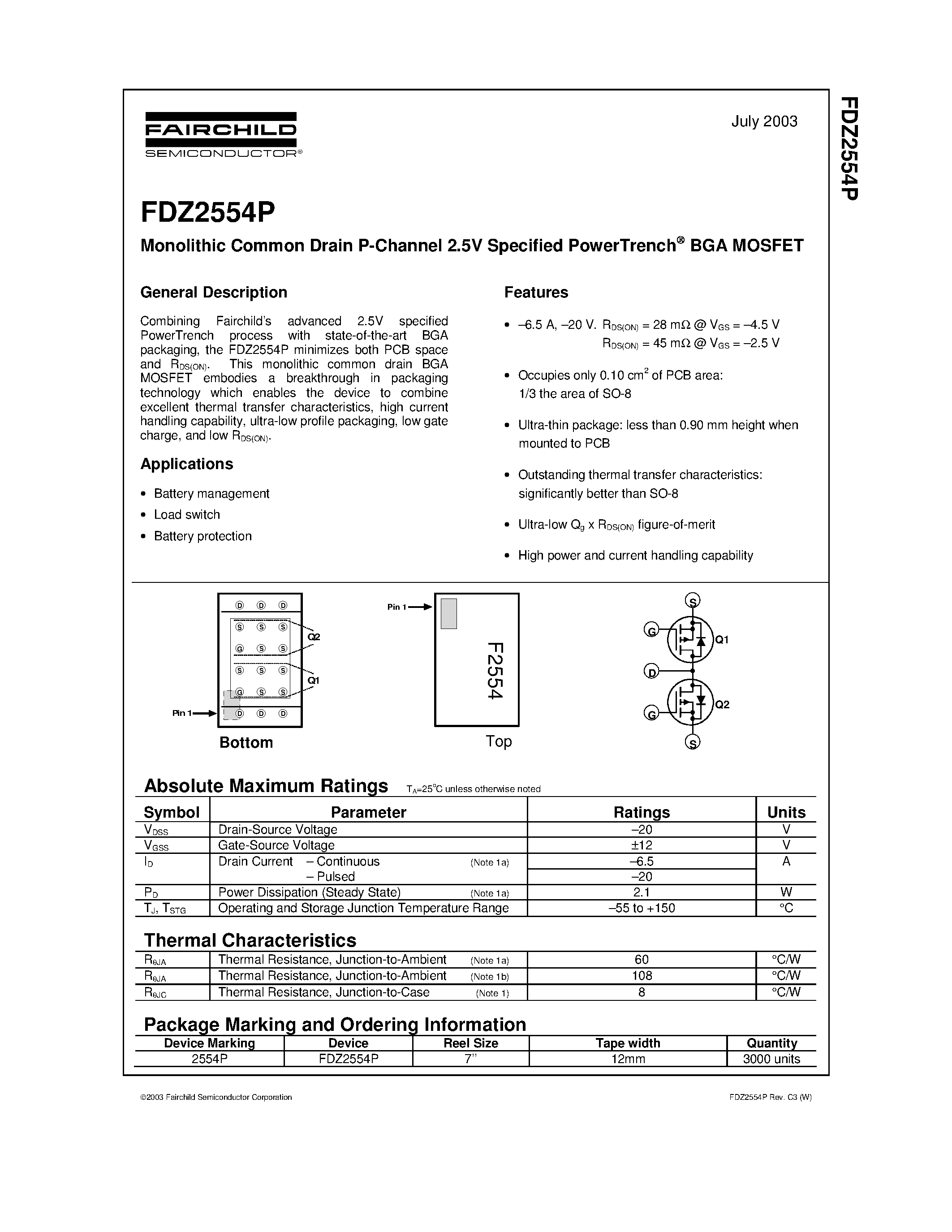 Даташит FDZ2554P - Monolithic Common Drain P-Channel 2.5V Specified PowerTrench страница 1