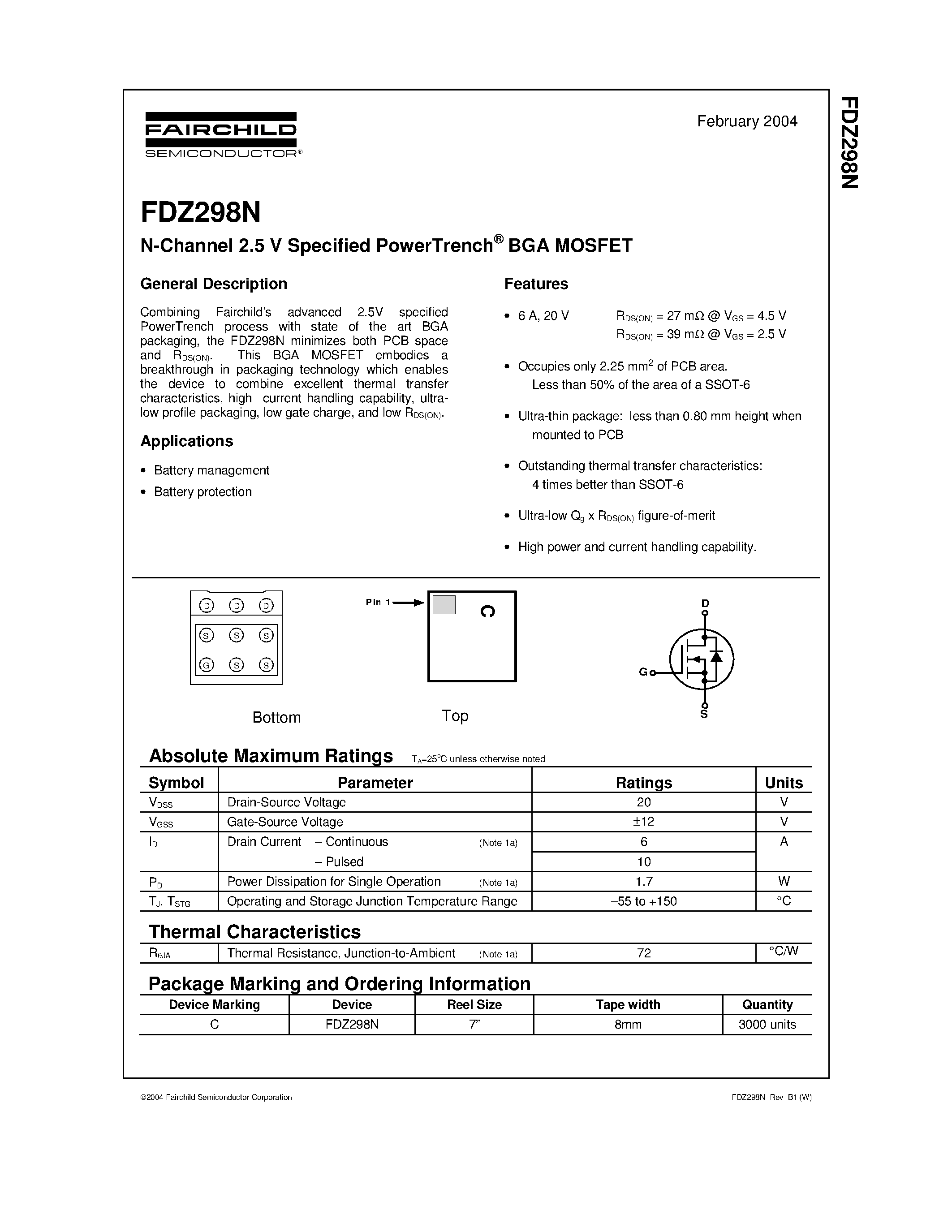 Даташит FDZ298N - N-Channel 2.5 V Specified PowerTrench BGA MOSFET страница 1