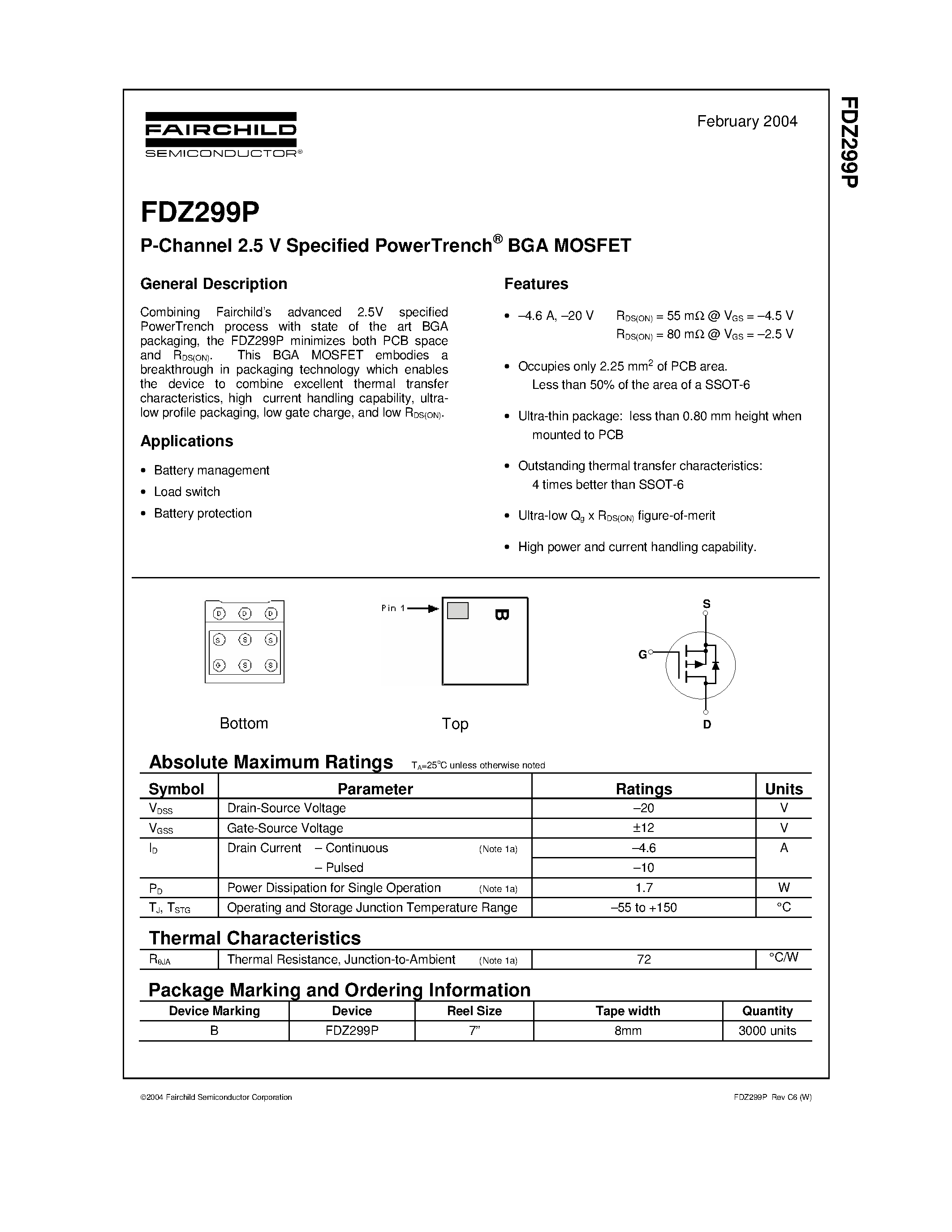 Datasheet FDZ299P - P-Channel 2.5 V Specified PowerTrench BGA MOSFET page 1