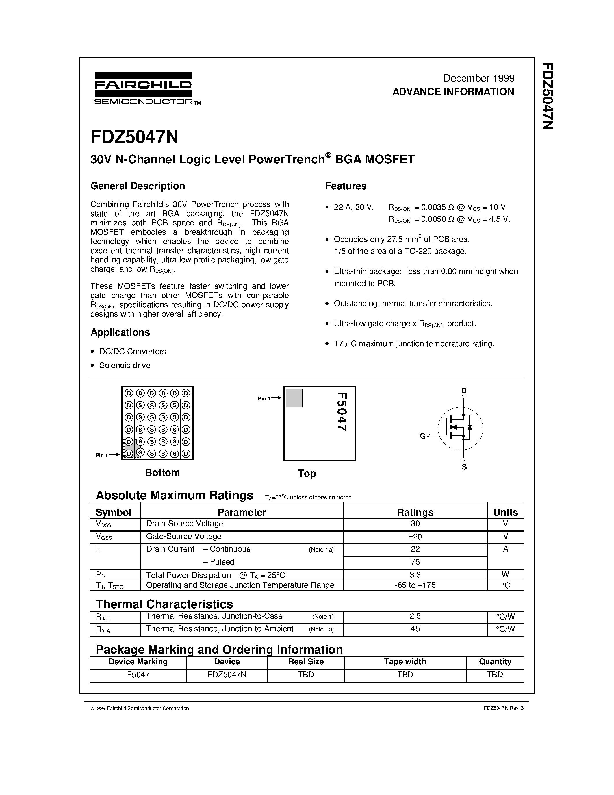 Datasheet FDZ5047N - 30V N-Channel Logic Level PowerTrench BGA MOSFET page 1